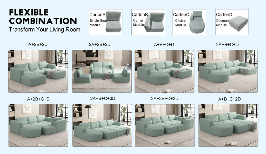 104.32*70.86 Modular Sectional Sofa Sleeper Couch, Sectional Sofa with Chaise and Ottoman, Convertible U Shaped Modular Sofa Set. Compressed spon, Light Green (Combo A+B+C+D)