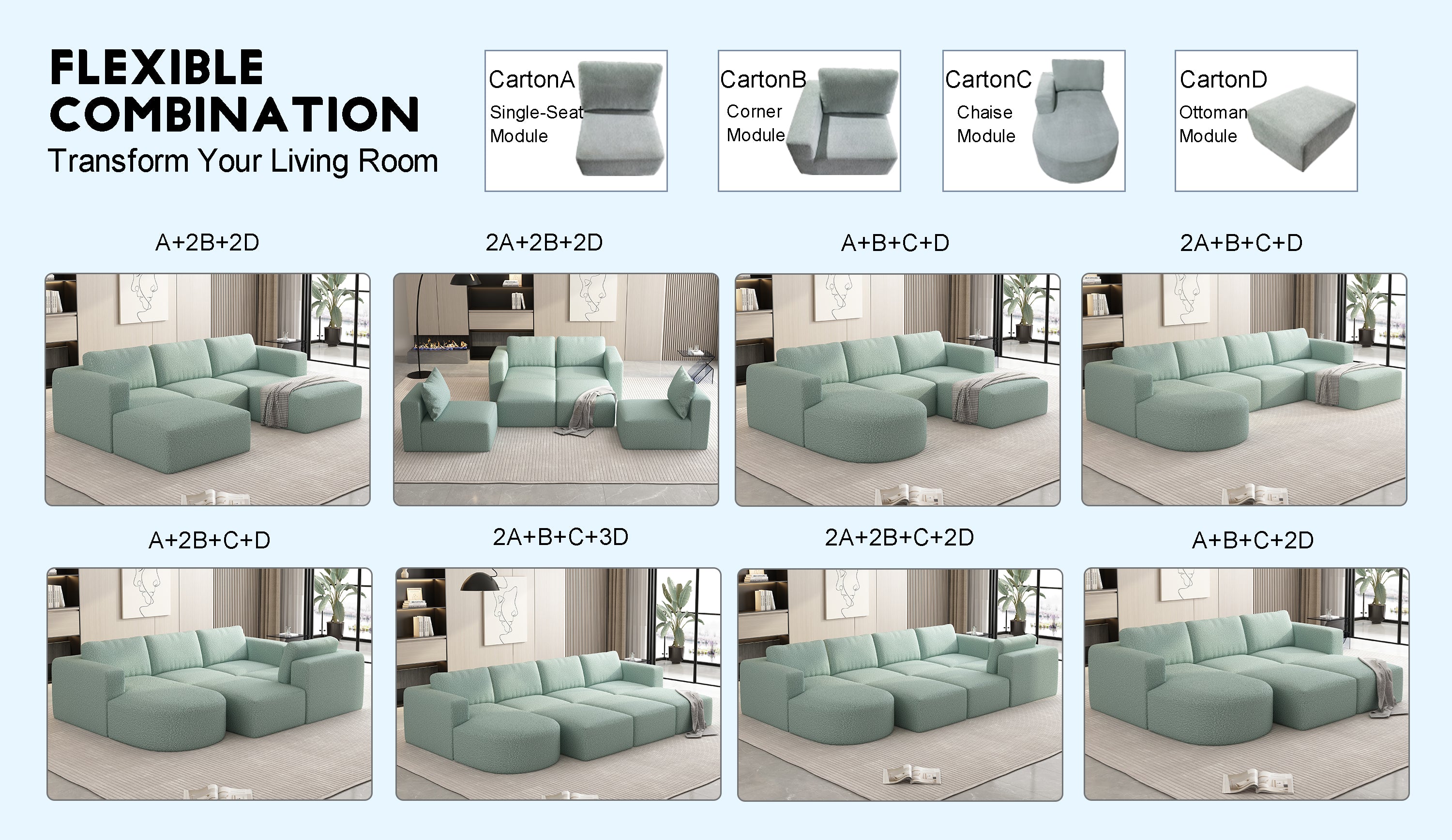 104.32*70.86 Modular Sectional Sofa Sleeper Couch, Sectional Sofa with Chaise and Ottoman, Convertible U Shaped Modular Sofa Set. Compressed spon, Light Green (Combo A+B+C+D)