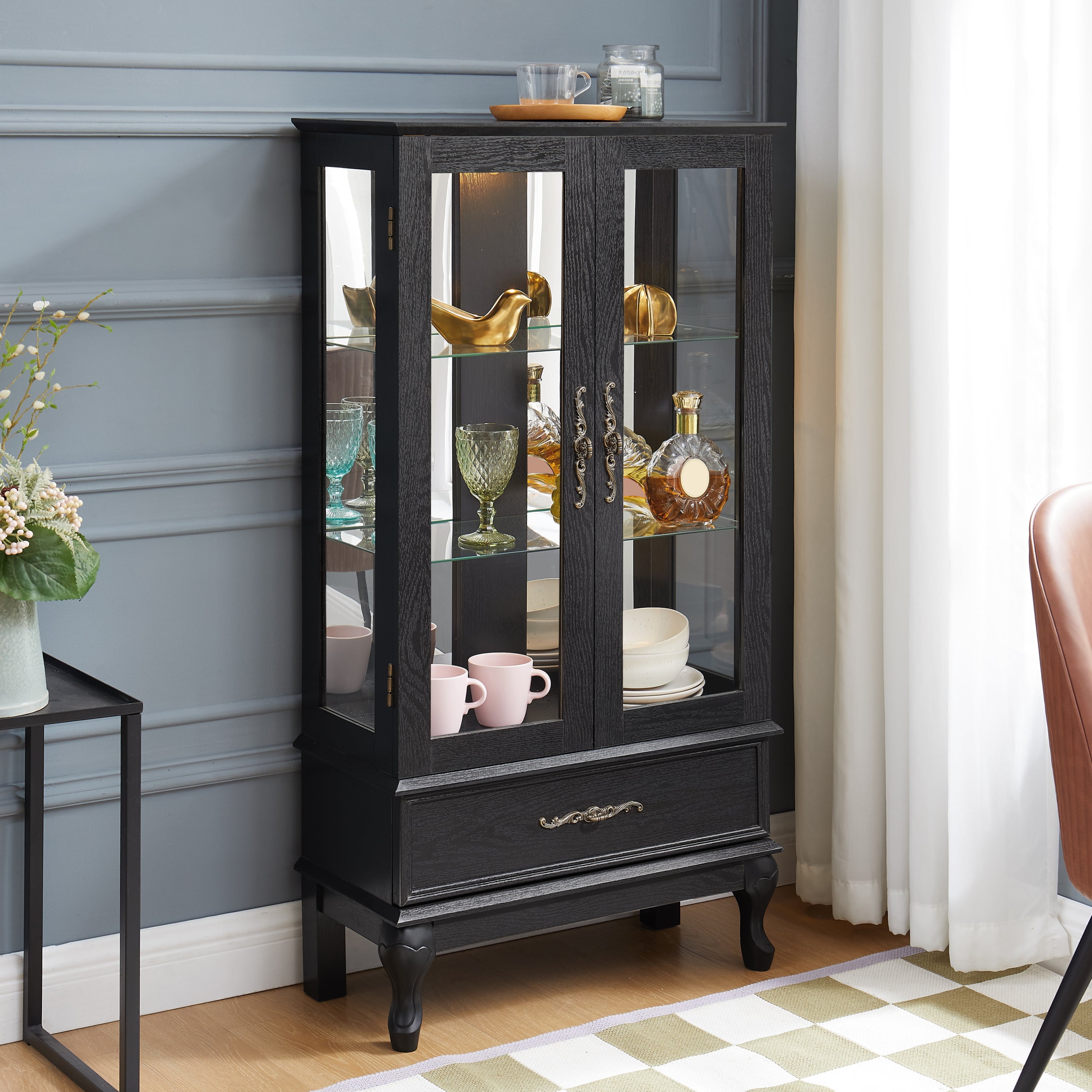 Lighted Curio Cabinet with Glass Doors and Adjustable Shelves 2 Door Wine Cabinet Display Curio Cabinet with LED Lights Light Black Finish and Drawer for Home Decor and Storage
