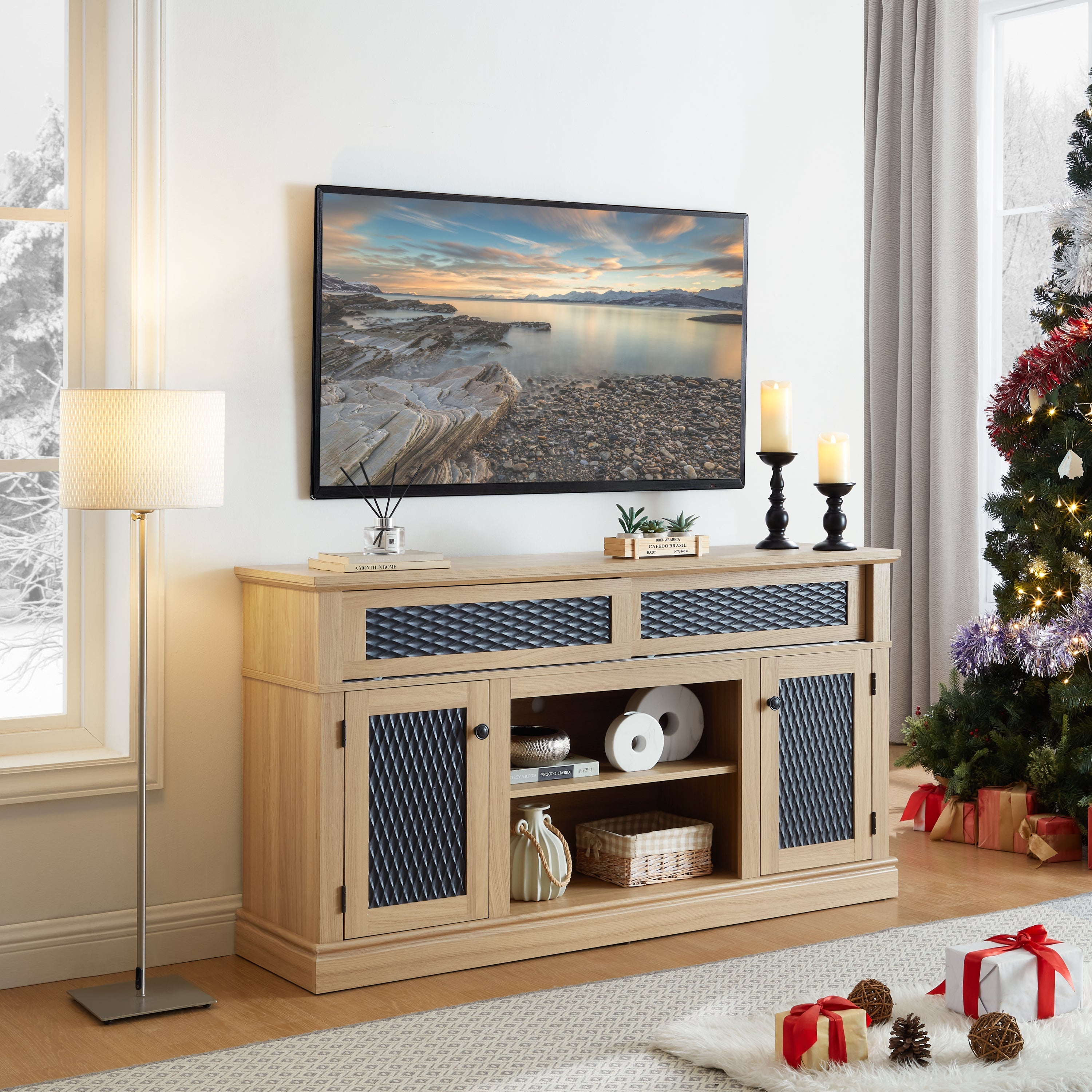 Embossed Pattern TV Stand, TV and Media Console with Open and Closed Storage Space and sliding door for Living Room & Bedroom, LIGHT OAK, 58.27'W*15.35'W*31.7H