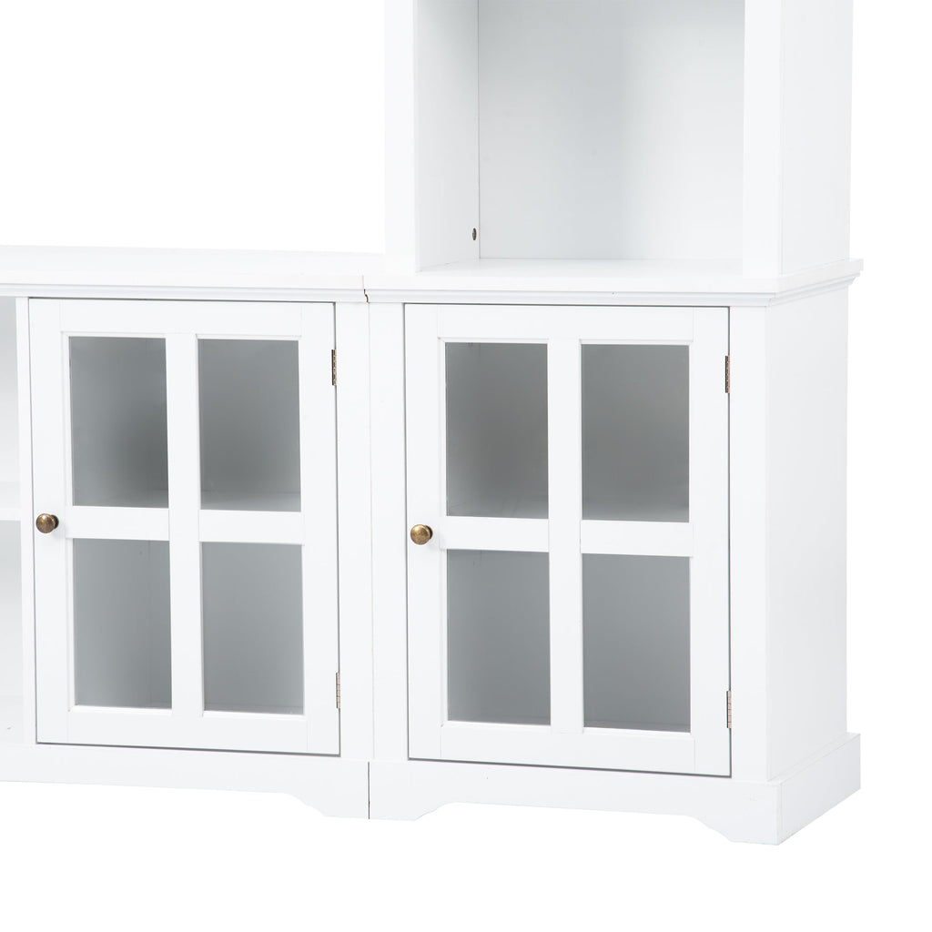 [VIDEO provided] ON-TREND Minimalism Entertainment Wall Unit with Bridge, Modern TV Console Table for TVs Up to 70', Multifunctional TV Stand with Tempered Glass Door, White (Old SKU: SD000009AAK)