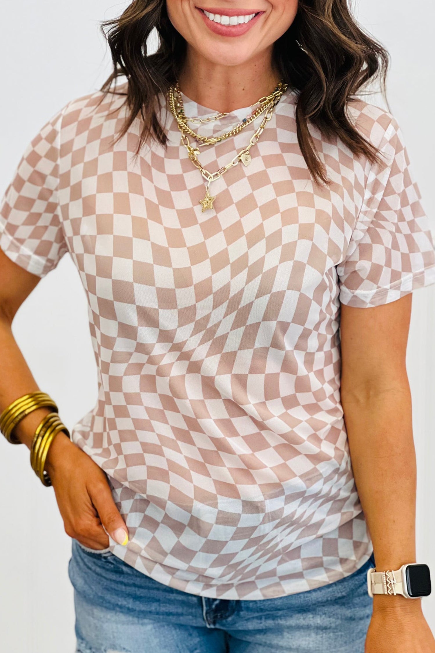 Checker Mesh Mock Neck Short Sleeve T-Shirt