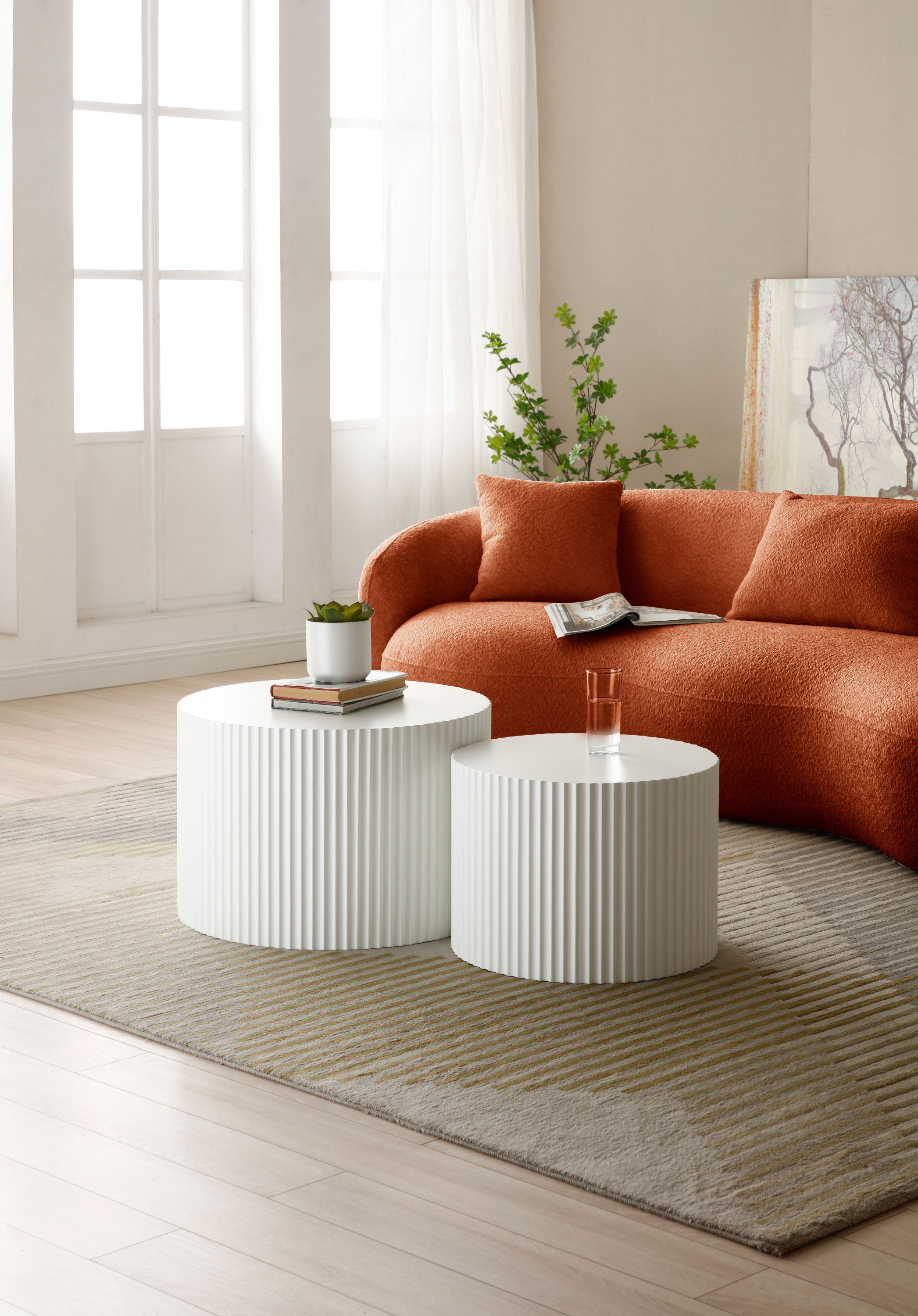 Mid Century Modern Curved Sofa,  Boucle Fabric Couch for Bedroom, Office, Apartment, Orange