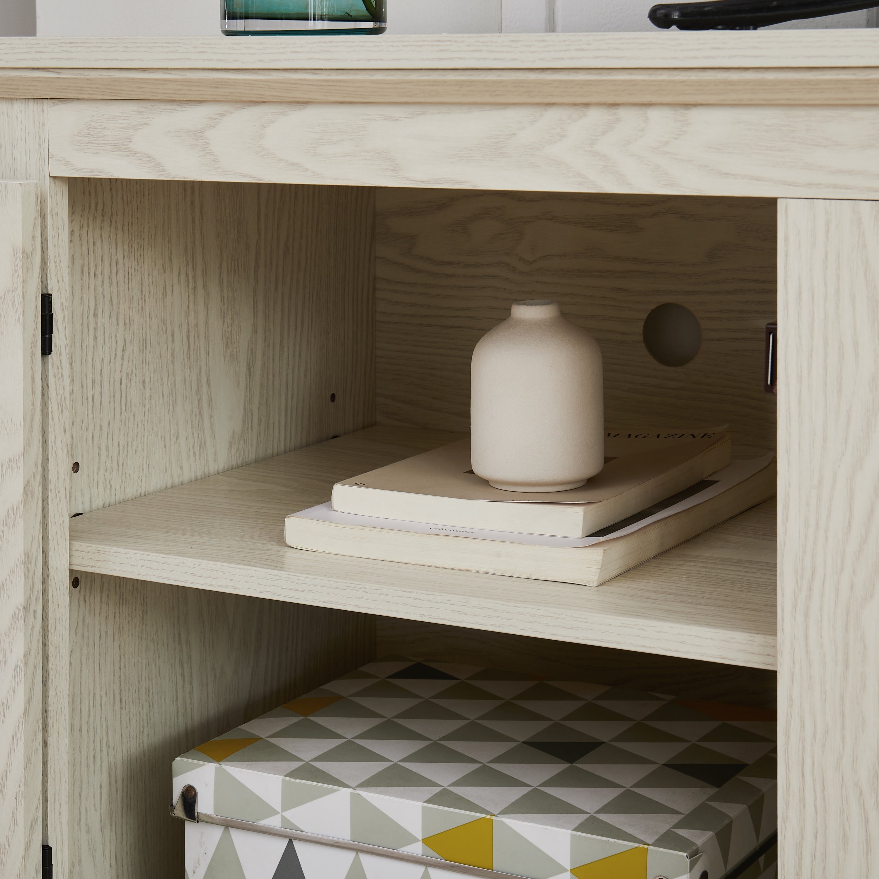 Natural Rattan Door Cabinet with Adjustable Shelf Wood, Farmhouse Rattan TV Stand Console Table for TVs up to 70 Inches, Storage tv stand with 23' fireplace insert, 65'W*15.55'D*23.86'H, White