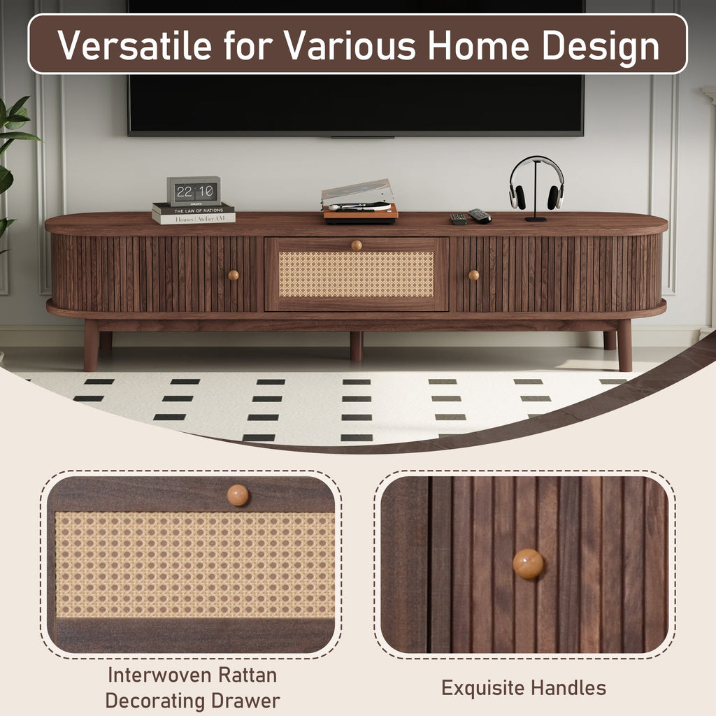 Modern Design TV Stand for 75' TVs, Media Console TV Cabinet with Rattan-Front Drawer for Living Room, 1 Drawer and 2 Sliding-Door Cabinets