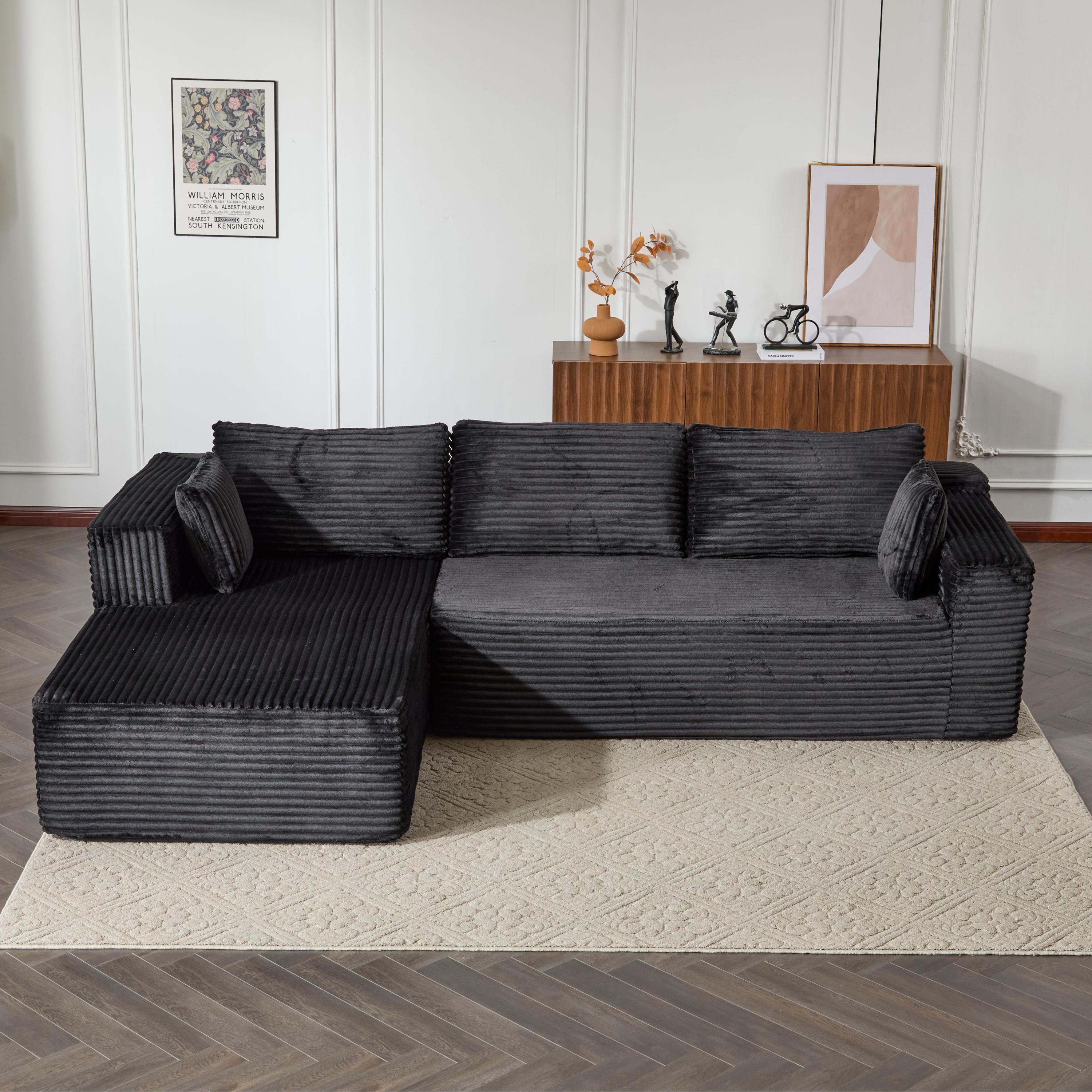 Compression Sectional Couch with Comfy Chaise, Boneless L Shape Sofa with Deep Seat, Minimalist Modular Couches Sleeper for Living Room Bedroom Apartment Lounge,corduroy,Black