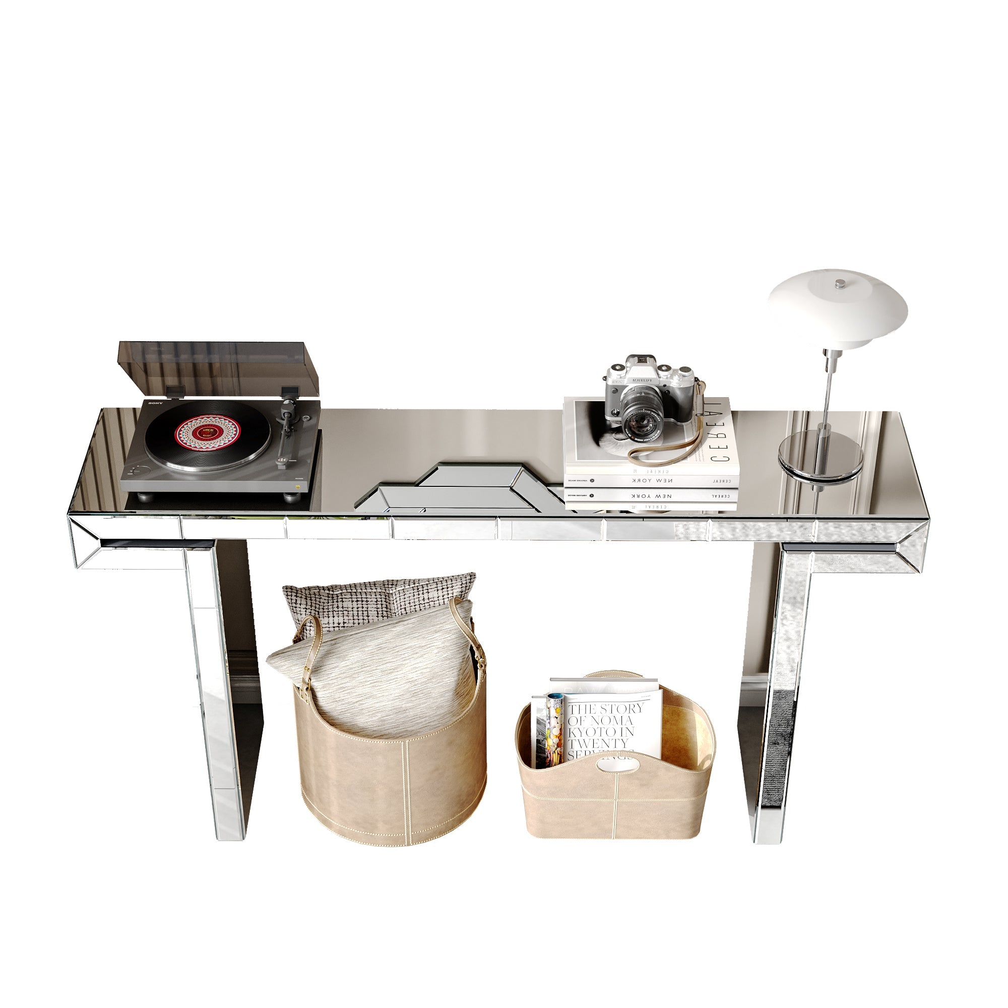 60 Inches Luxury Full-Length Mirror Console Table with Fluted Tempered Glass, Entryway Mirrored Sofa Table, Light Luxury Style, Scratch-Resistant, Reinforced Packaging