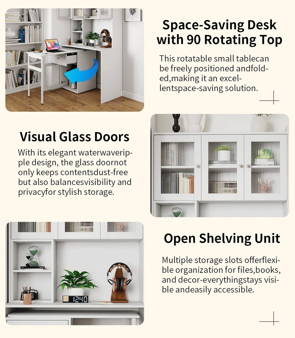 Computer Desk with glass door for Home Office or Study desk,  Bookshelf & Hutch, Computer Desk with 90 Degree Rotating Desktop,Large Working Space
