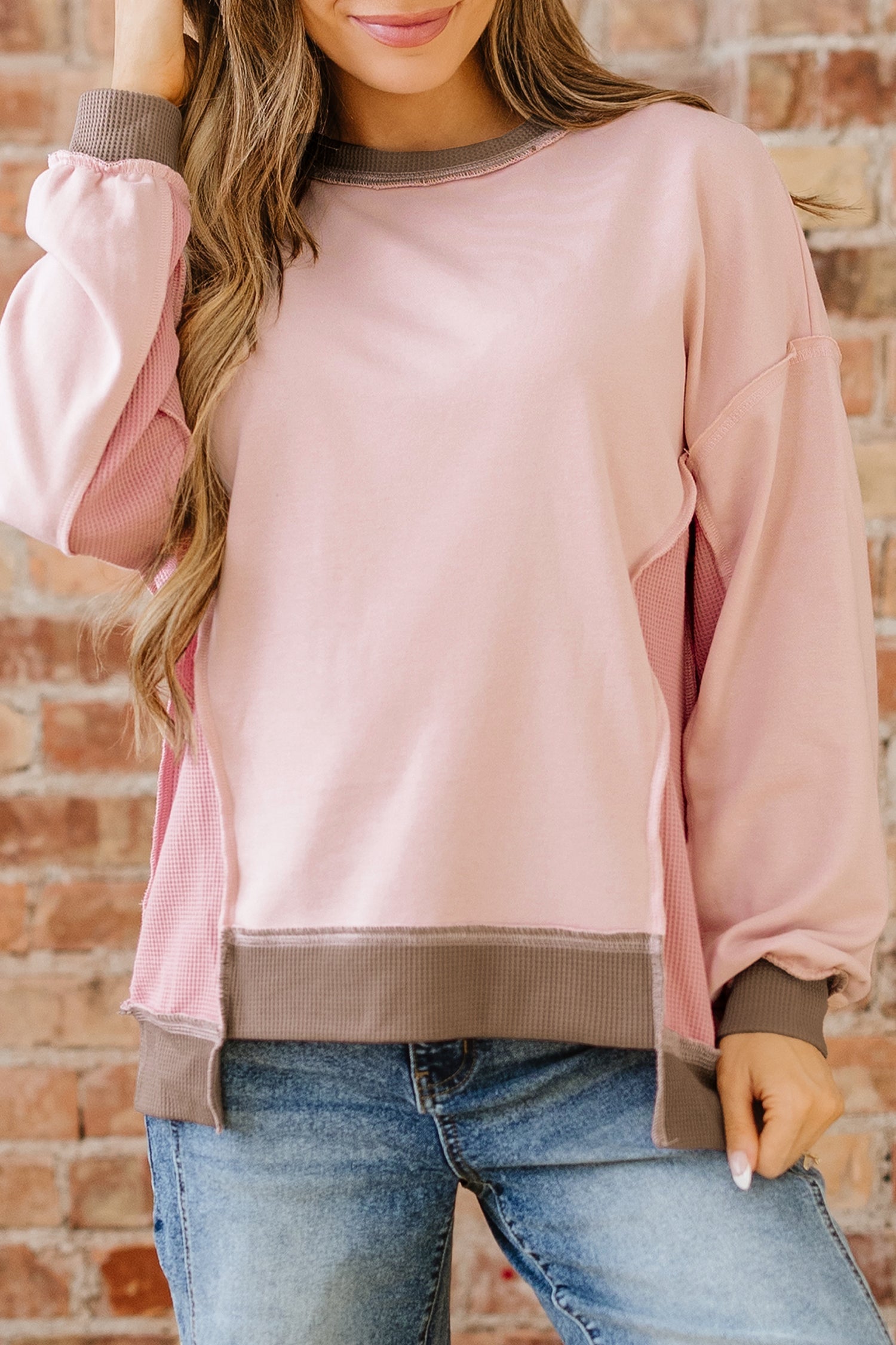 Colorblock Waffle Patchwork Oversize Sweatshirt