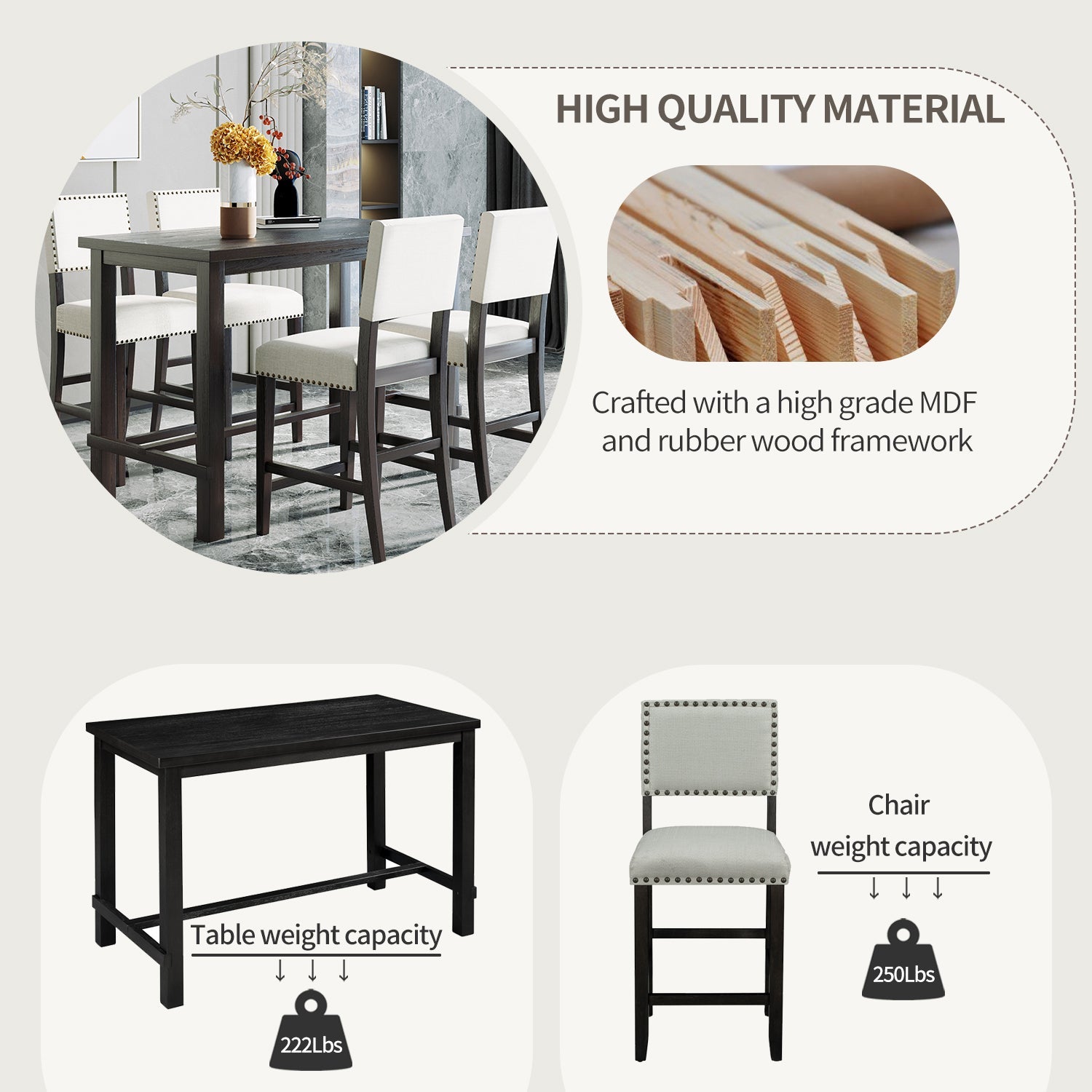 TREXM Classic Elegant 5-Piece Counter Height Dining Set with Table and 4 Chairs in Espresso and Beige
