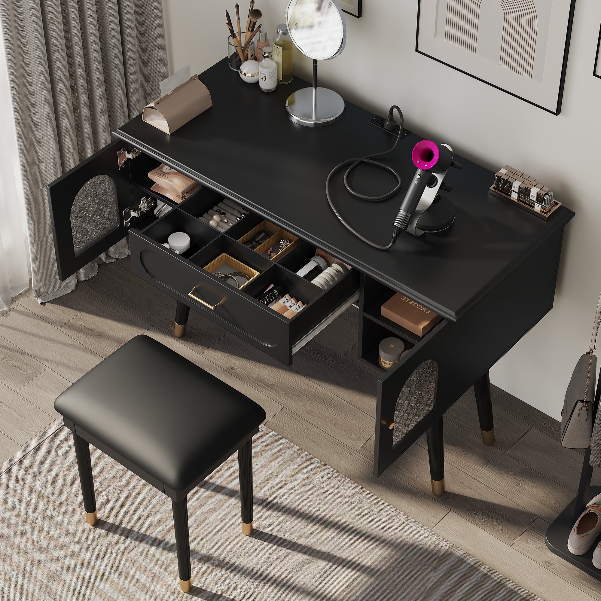 Elegant Vanity Makeup Table & Chair Set, Modern Dressing Table with Organizer, Writing Desk, Charging Port, Black