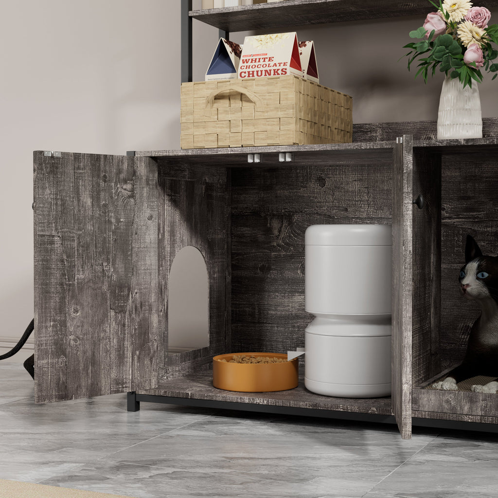 Large Cat Litter Box Enclosure With Shelf Storage, Hidden Cat Washroom Furniture, Wooden Cat House With Scratch Pad, Sturdy Indoor Cat Cabinet With 2 Doors(Grey)