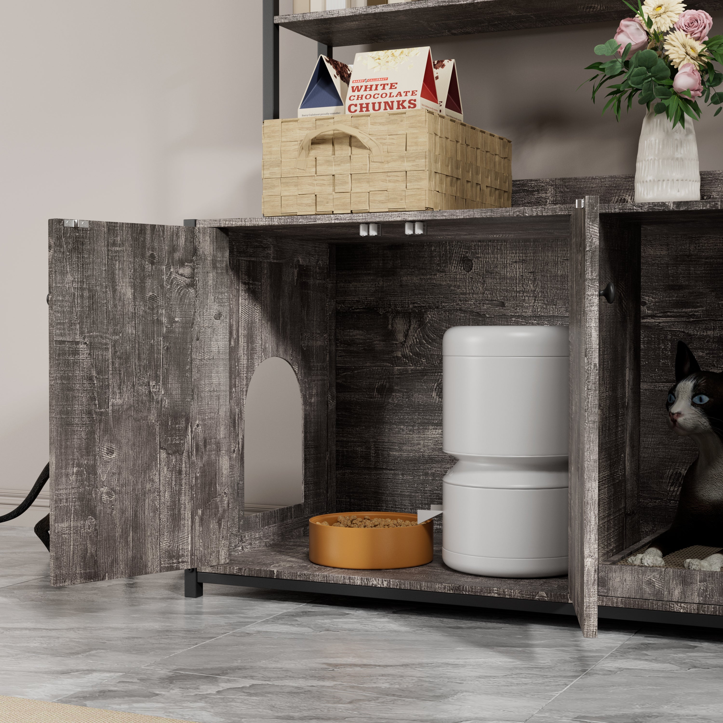 Large Cat Litter Box Enclosure With Shelf Storage, Hidden Cat Washroom Furniture, Wooden Cat House With Scratch Pad, Sturdy Indoor Cat Cabinet With 2 Doors(Grey)