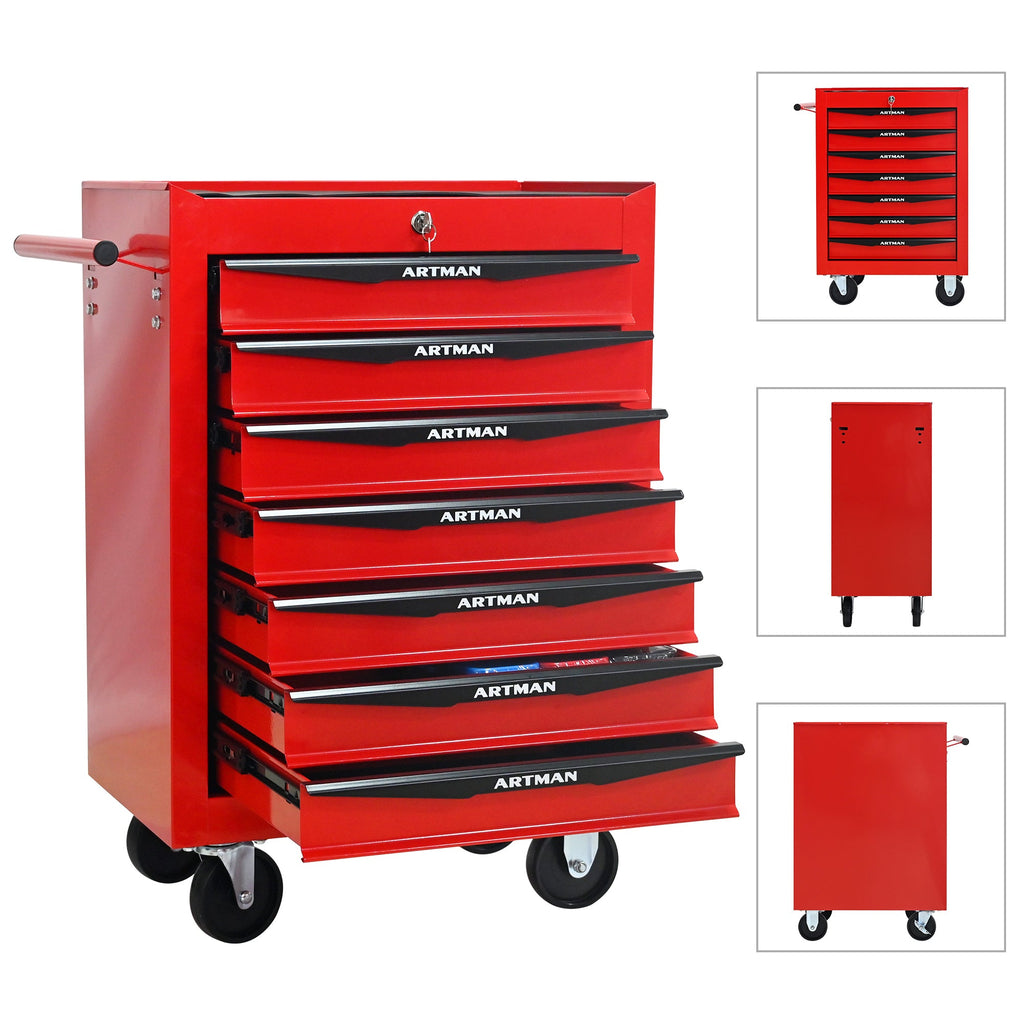 Rolling Metal Tool Chest with 7 Drawers, 20' Steel Storage Cabinet with Ball Bearing Slides, Red and Black Finish