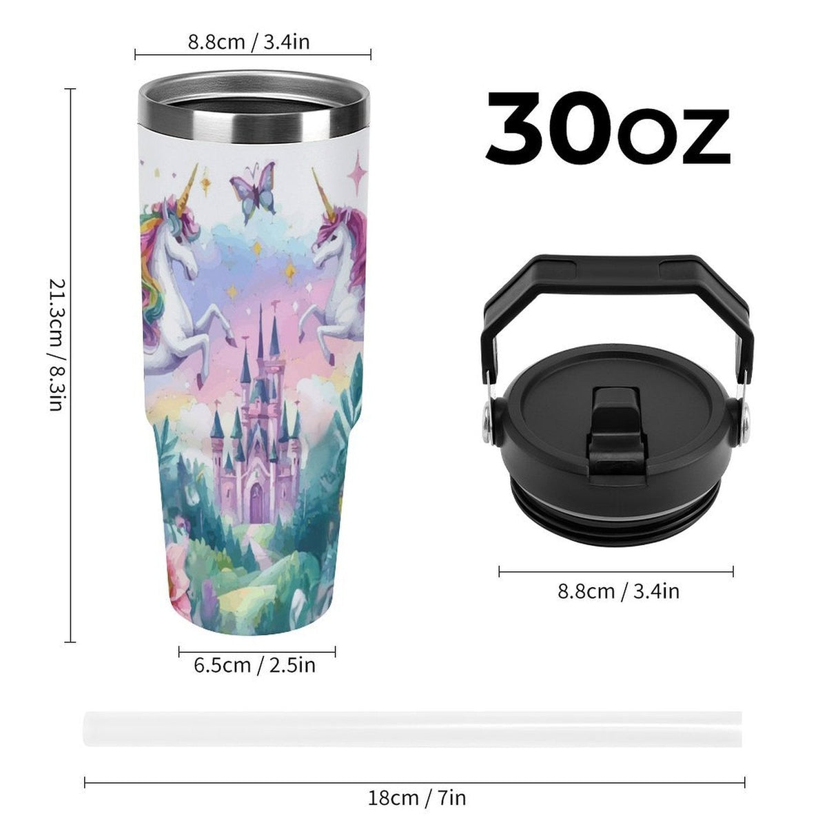 Purple Unicorn and Castle 30 oz Water Bottle Tumbler