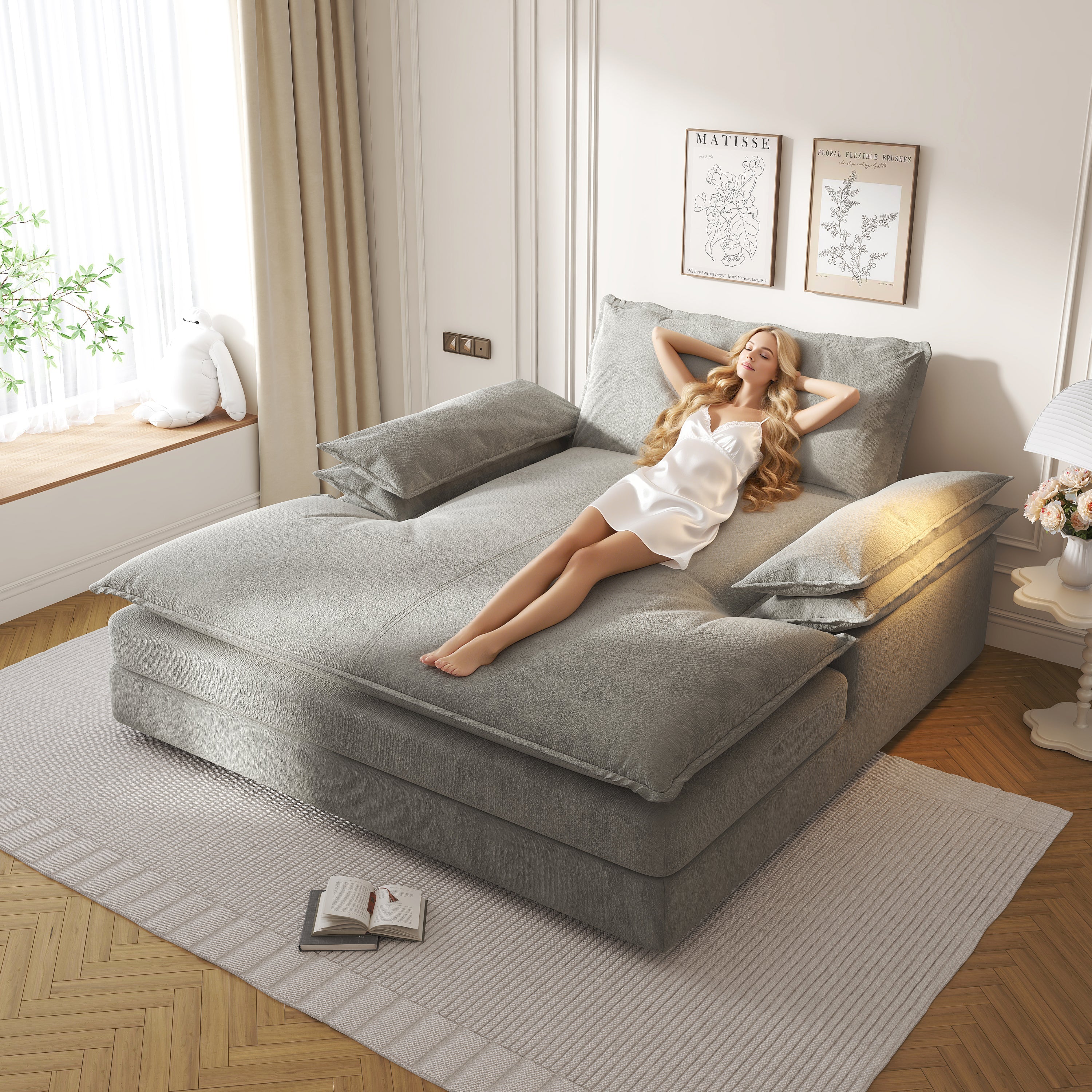 Modern Oversized Double Chaise Lounge Chair,Deep Seat Upholstered Reading Chair with Detachable Design,Chenille Lazy Sofa w/ Large Pillows & Wide Armrests,Suitable for Living Rooms, Apartments,Grey