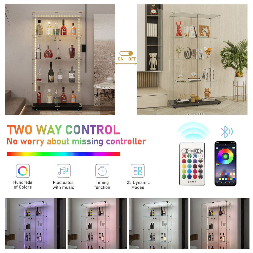 Tempered glass display cabinet,wine cabinet, storage cabinet,file cabinet,with Bluetooth LED strip,can be controlled by remote control or mobile APP,swivel casters,can be placed anywhere, color:black