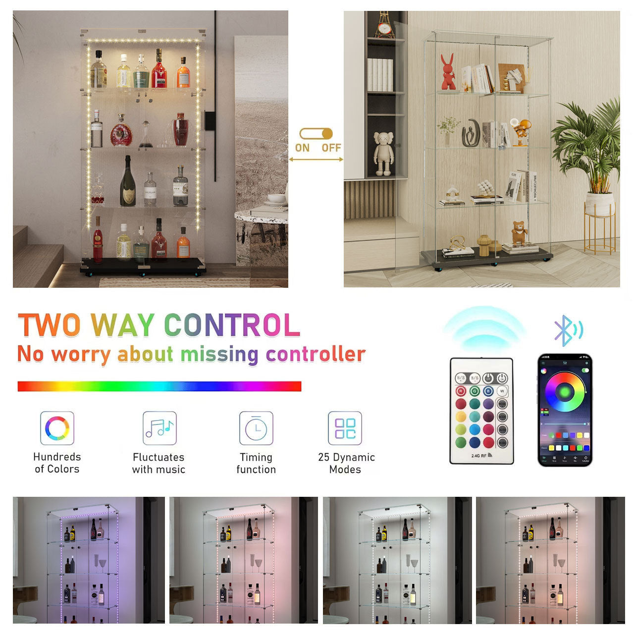 Tempered glass display cabinet,wine cabinet, storage cabinet,file cabinet,with Bluetooth LED strip,can be controlled by remote control or mobile APP,swivel casters,can be placed anywhere, color:black