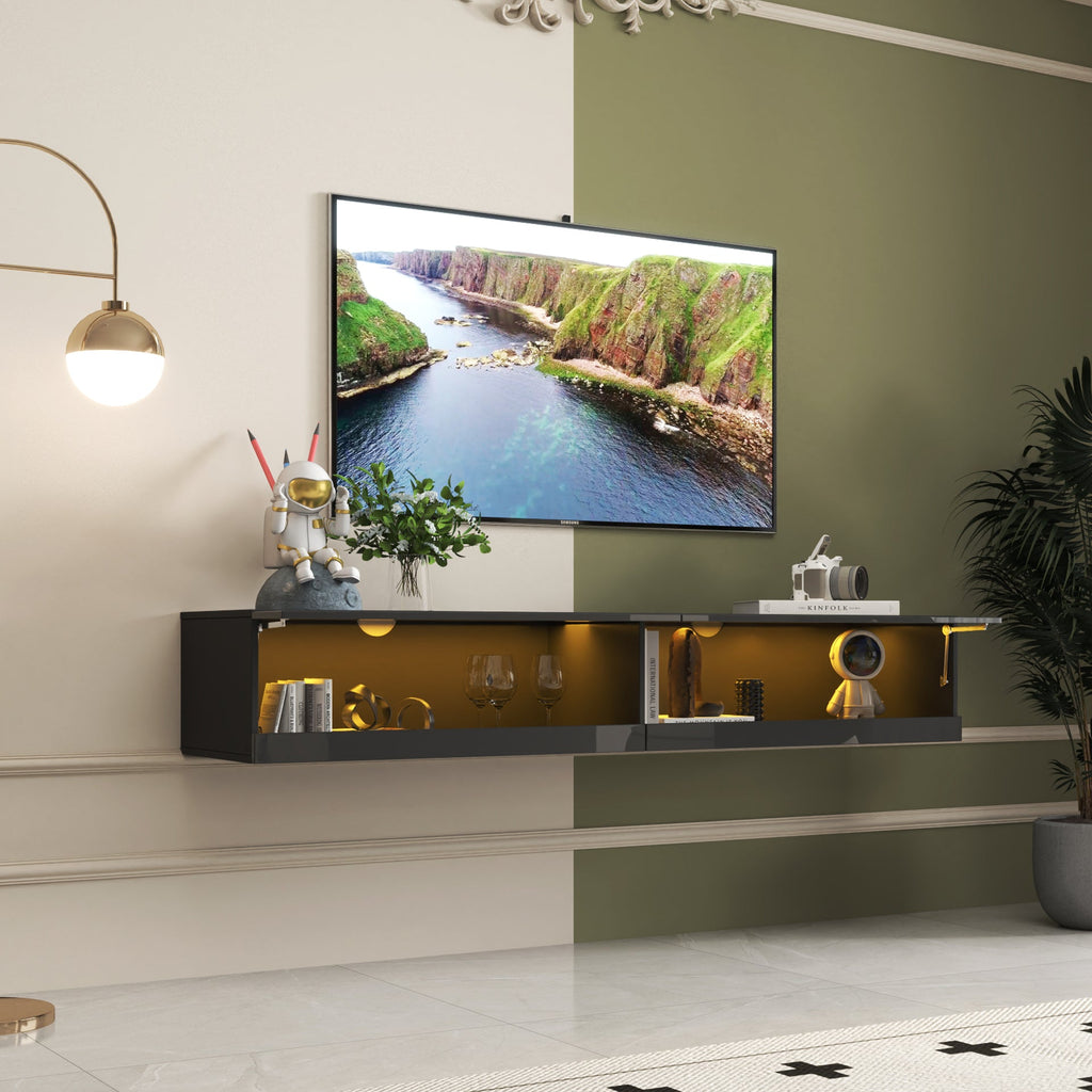 180 Wall Mounted Floating 80' TV Stand with 20 Color LEDs  and  Charging Station