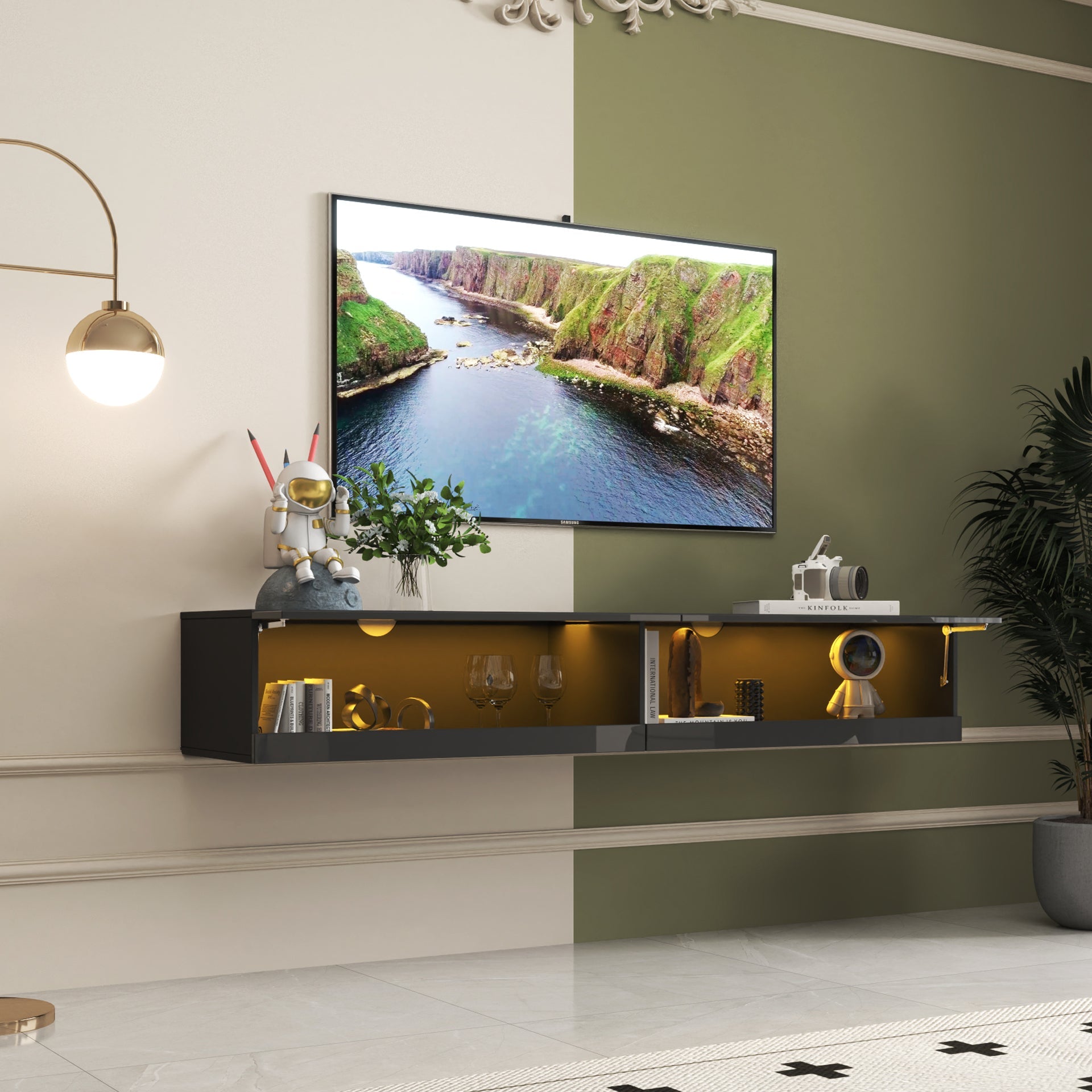 180 Wall Mounted Floating 80' TV Stand with 20 Color LEDs  and  Charging Station