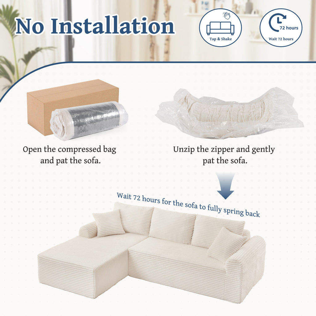 Full-Compression Chaise Lounge Set – Modular Corduroy Sectional with Arched Armrests, Non-Slip Base, Includes 3 Back Cushions & 2 Throw Pillows