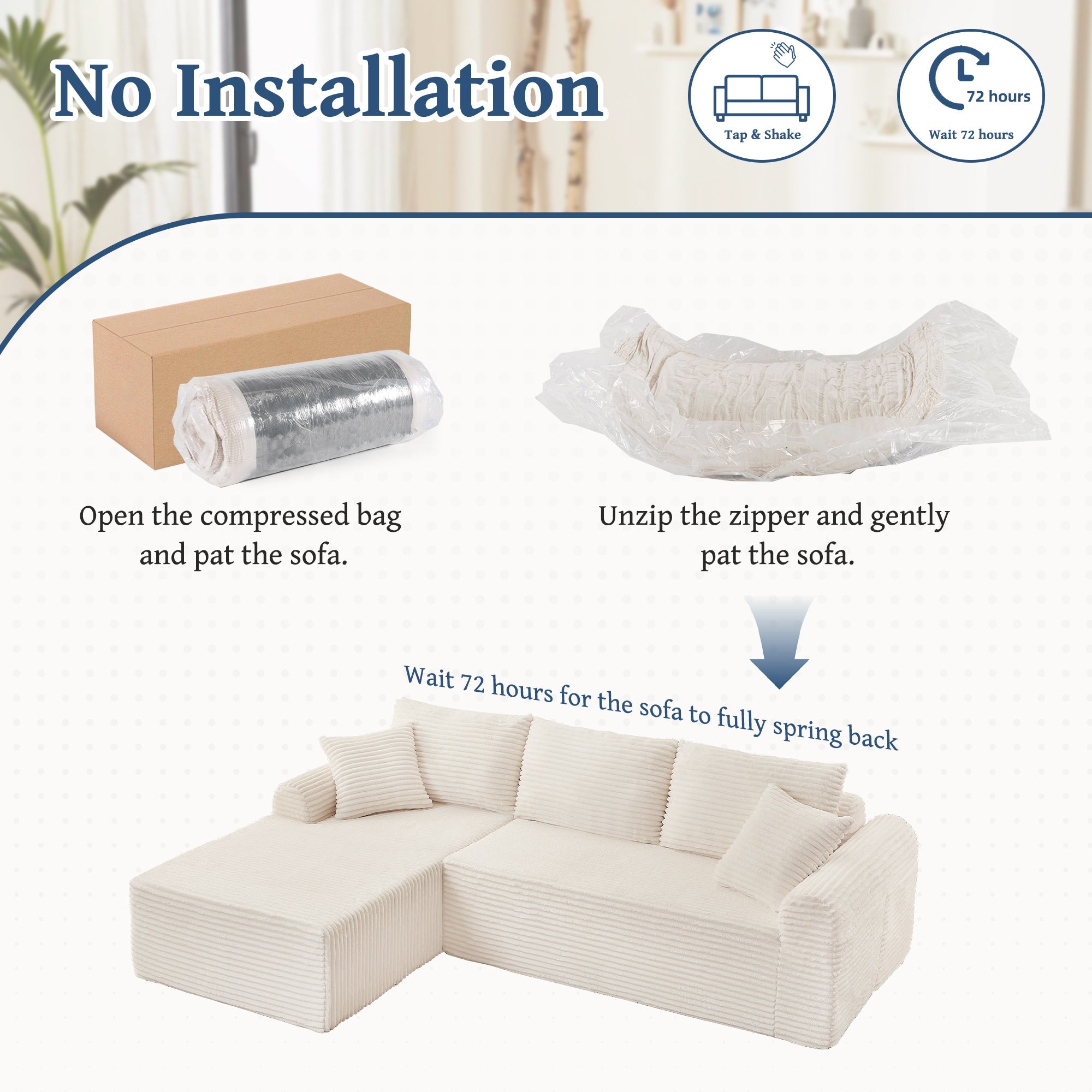 Full-Compression Chaise Lounge Set – Modular Corduroy Sectional with Arched Armrests, Non-Slip Base, Includes 3 Back Cushions & 2 Throw Pillows