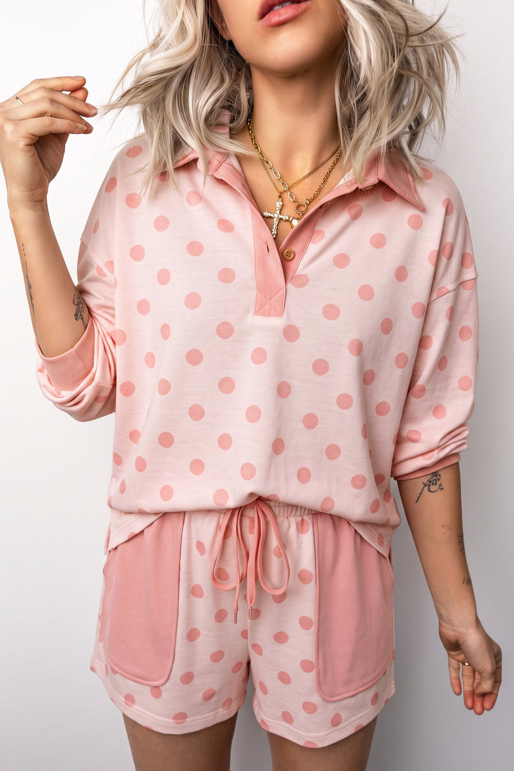 Polka Dot Polo Pullover & Elastic Waist Shorts Set