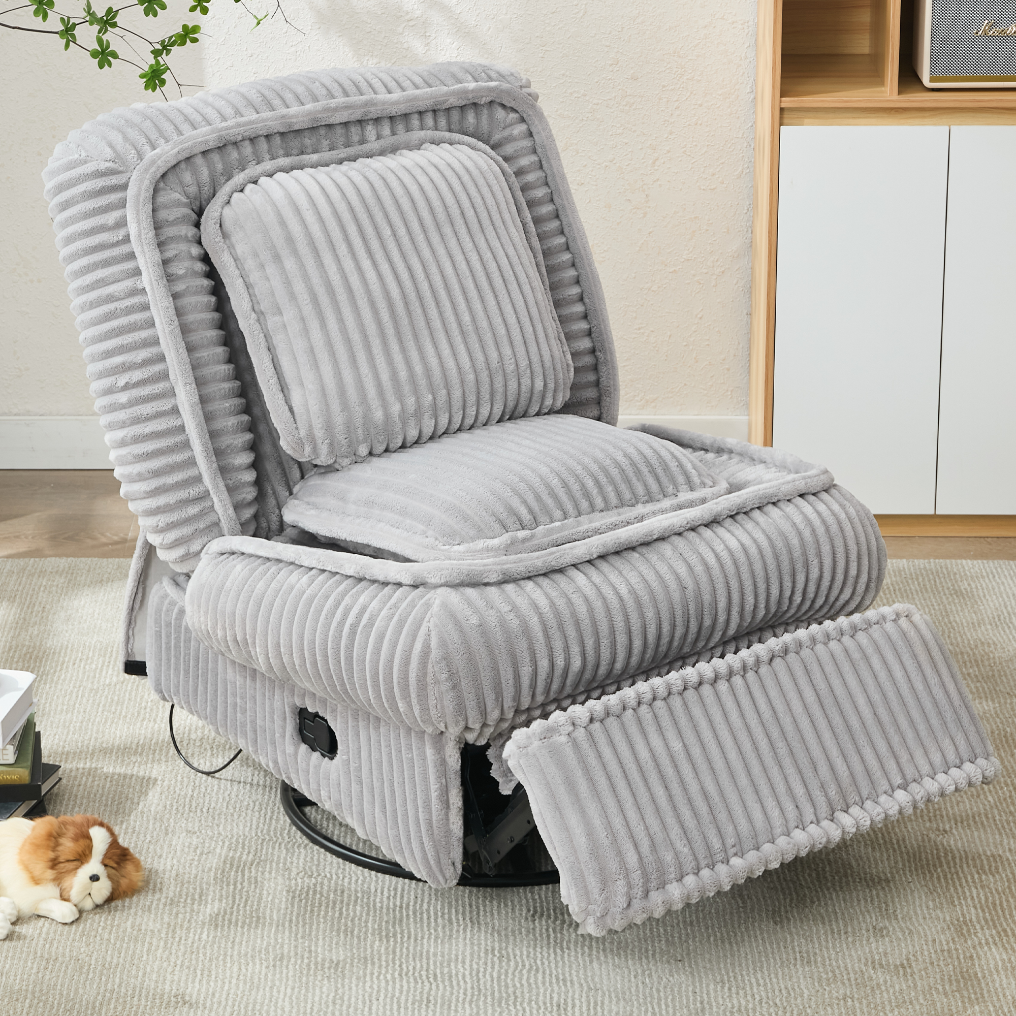 [NEW ARRIVED] 360° Swivel Rocking Single Sofa,Recliner Sofa, Manual Glider Rocking Armless Chair,Living Room Office, With Adjustable Backrest and Footrest and pillows, Small Spaces,Corduroy , Gray