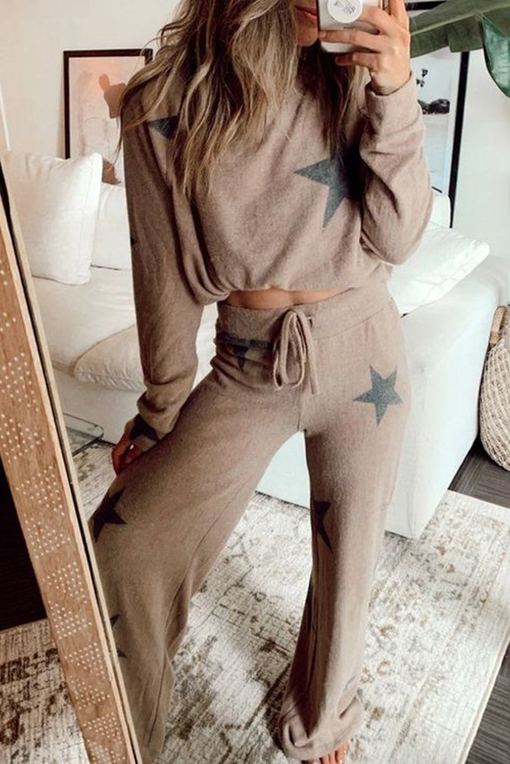 Khaki Retro Star Print Pajama Set Long Sleeve Drawstring