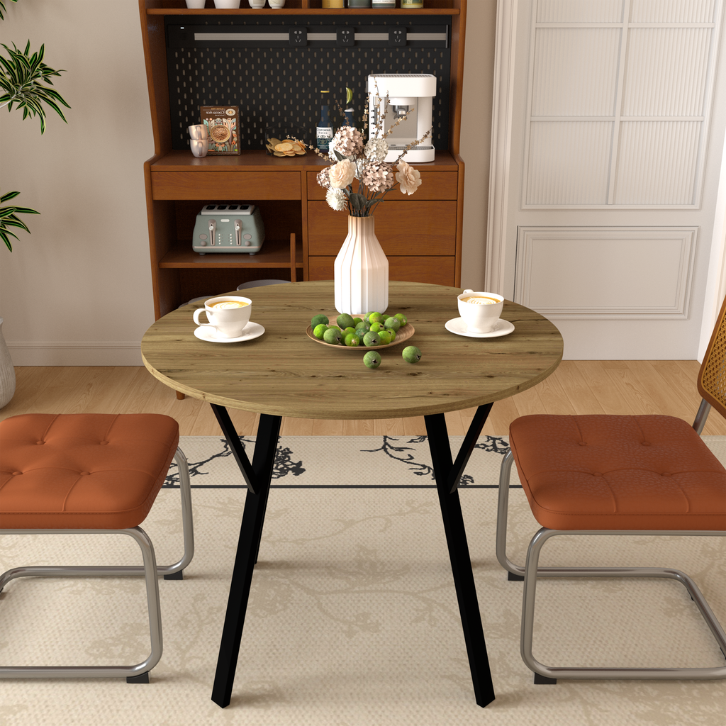 35.43 Inch Round Dining Table, Small Circle Kitchen Table with Metal Black Legs for 2-4 people,Modern Dining Room Table, Brown (only table)