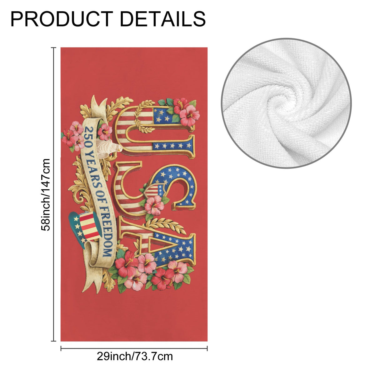 Patriotic USA “250 Years of Freedom” Commemorative Bath Towel – Premium 29"x58" Plush Absorbent Design