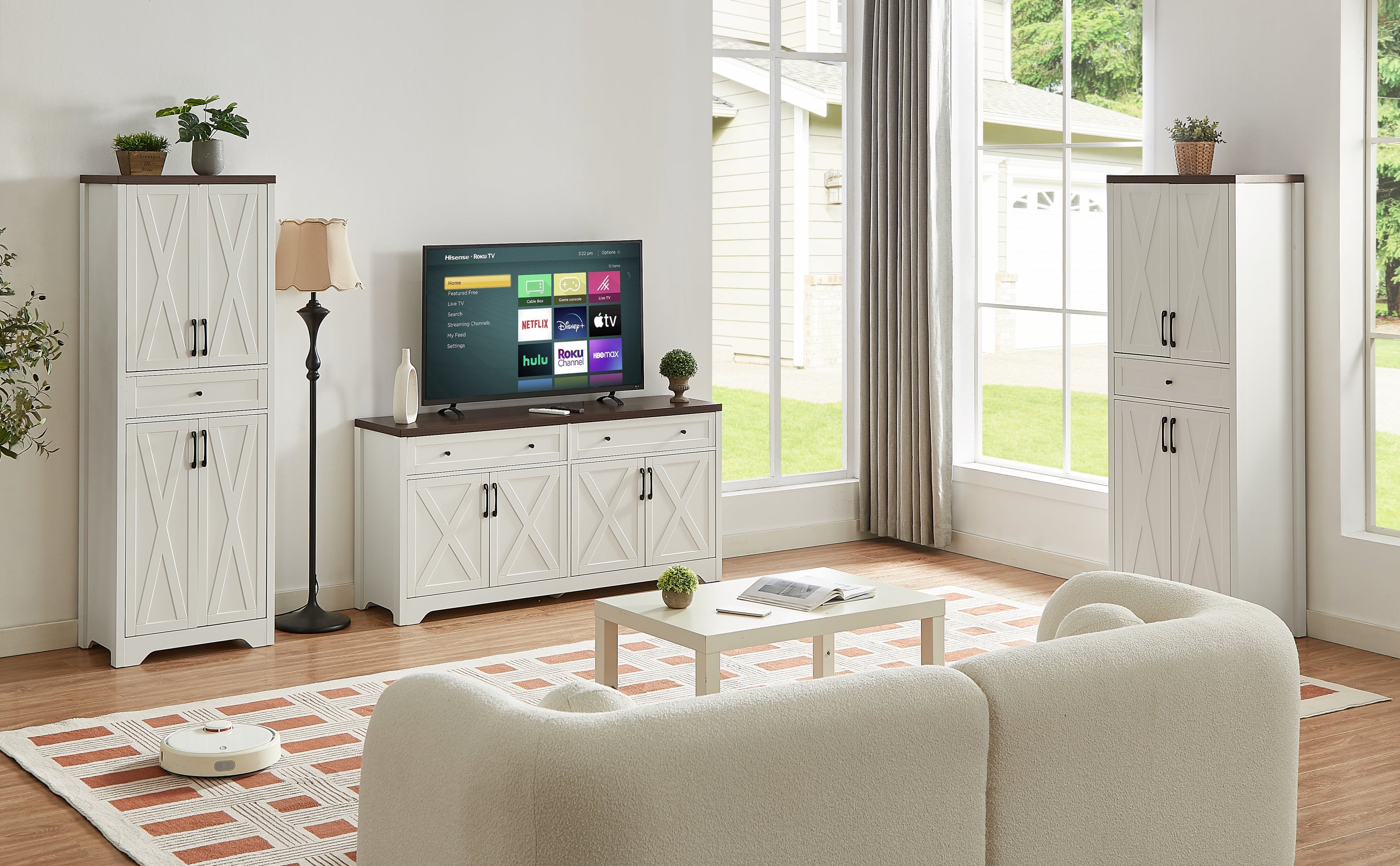 TV Cabinet Set Multifunctional TV Wall, One TV Cabinet and Two Sideboards for Living Room, 108.7''L x 15''W x 68''H.
