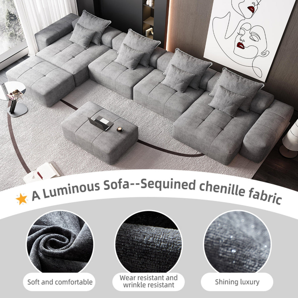 Modern Oversized Modular Sectional Sofa, Sparkling Chenille Fabric Soft Cushion Sofa with 8 Pillows, 8 PCS DIY Combination Tufted Sofa, No Assembly Required, GREY