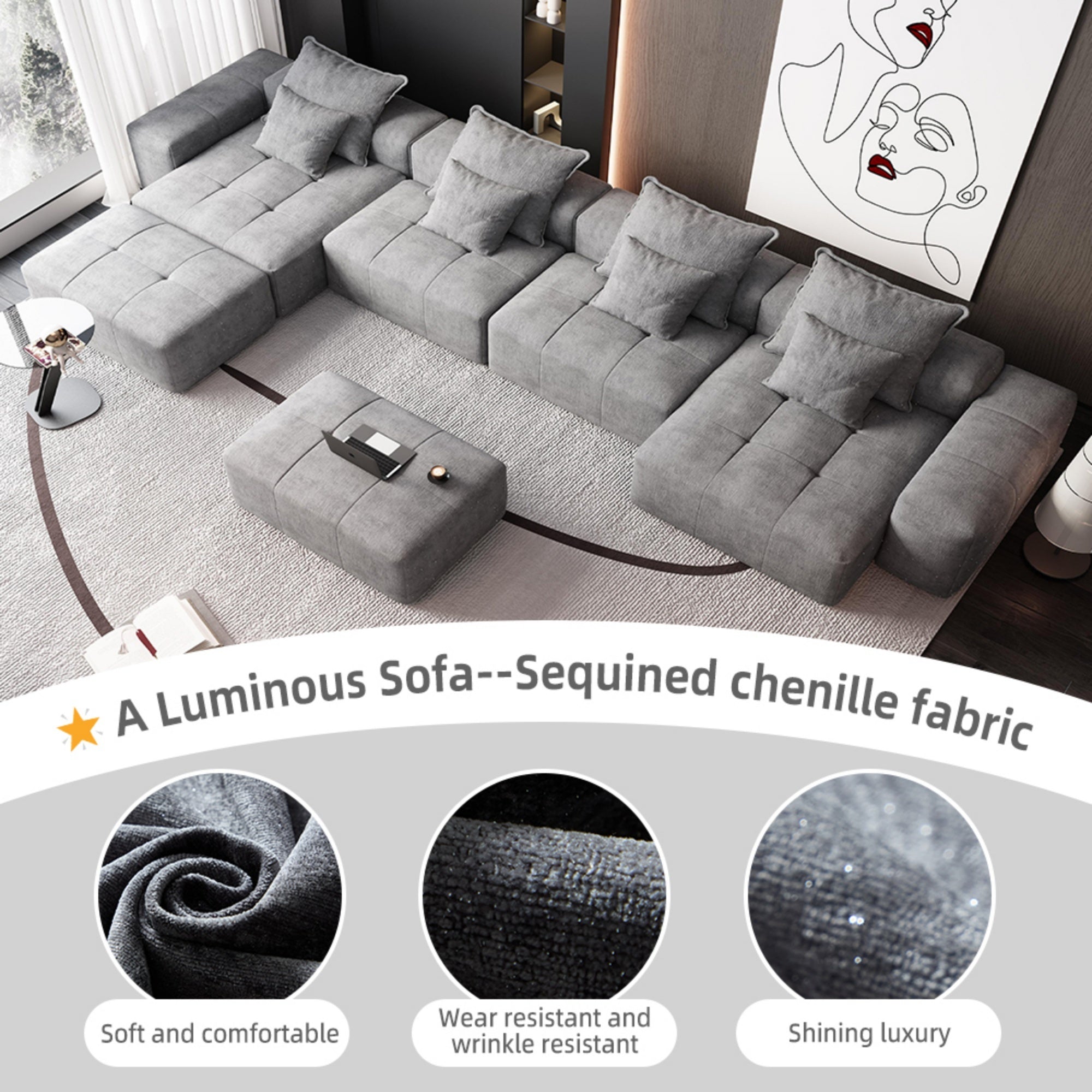 Modern Oversized Modular Sectional Sofa, Sparkling Chenille Fabric Soft Cushion Sofa with 8 Pillows, 8 PCS DIY Combination Tufted Sofa, No Assembly Required, GREY