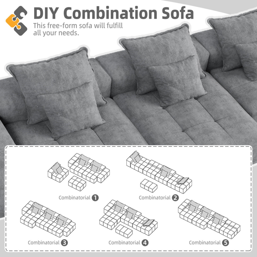 Modern Oversized Modular Sectional Sofa, Sparkling Chenille Fabric Soft Cushion Sofa with 6 Pillows, 6 PCS DIY Combination Tufted Sofa, No Assembly Required, GREY