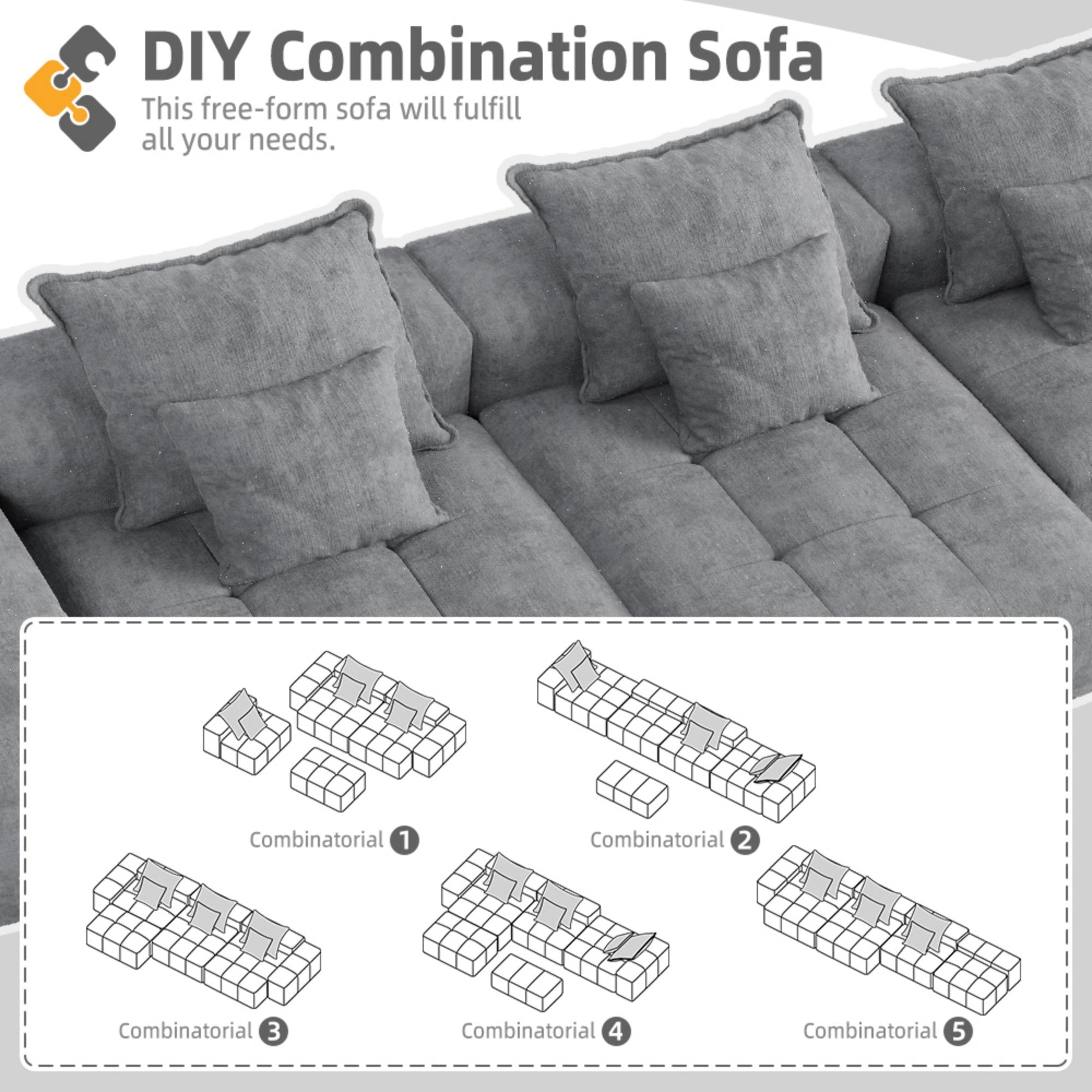 Modern Oversized Modular Sectional Sofa, Sparkling Chenille Fabric Soft Cushion Sofa with 6 Pillows, 6 PCS DIY Combination Tufted Sofa, No Assembly Required, GREY