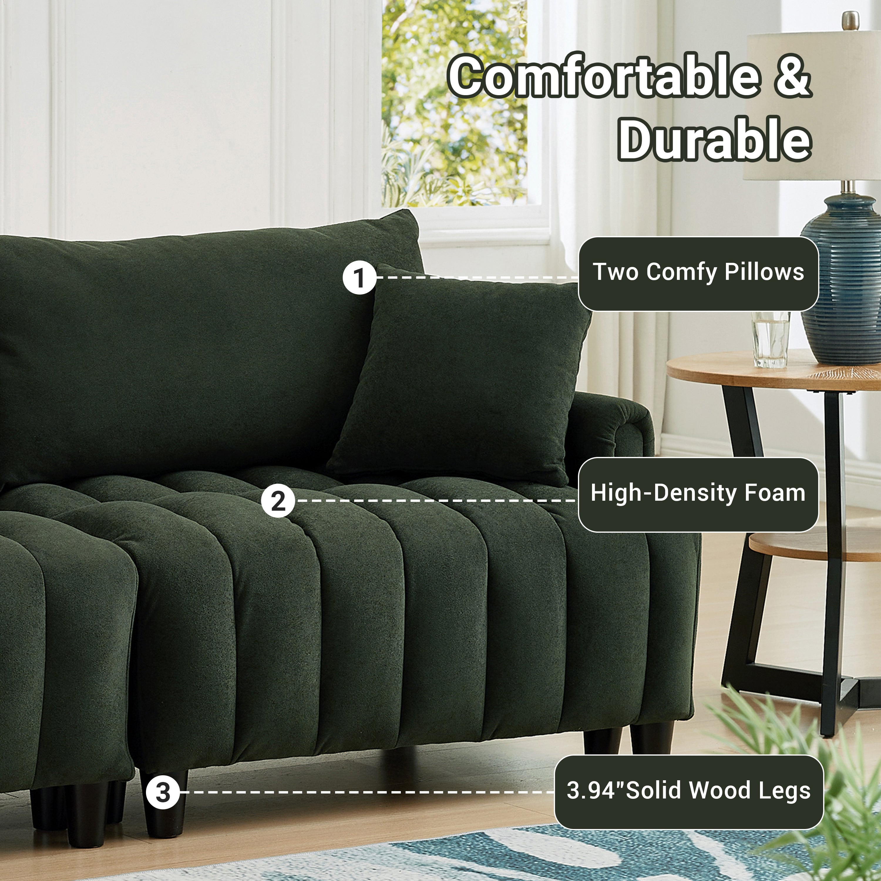 83'' Futon Sofa Bed, Polyester Fabric Comfy Futon Couch Bed with 2 Square Pillows, Convertible Sleeper Sofa with Adjustable Backrest,  Modern Loveseat Sleeper for Living Room, Dark Green
