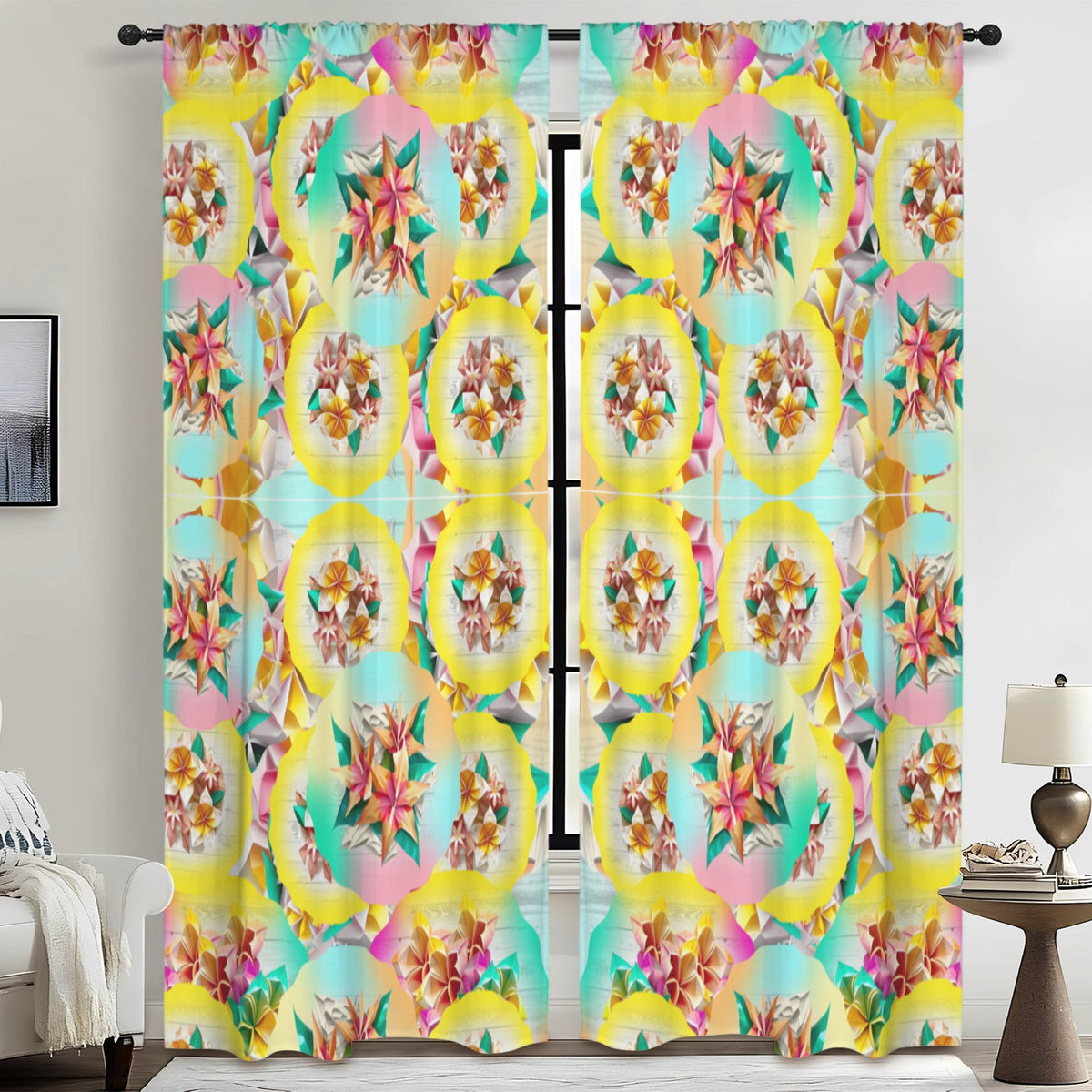 Circle Floral Pastel Pattern Floor-To-Ceiling Curtain 52x84inch | Ships from USA