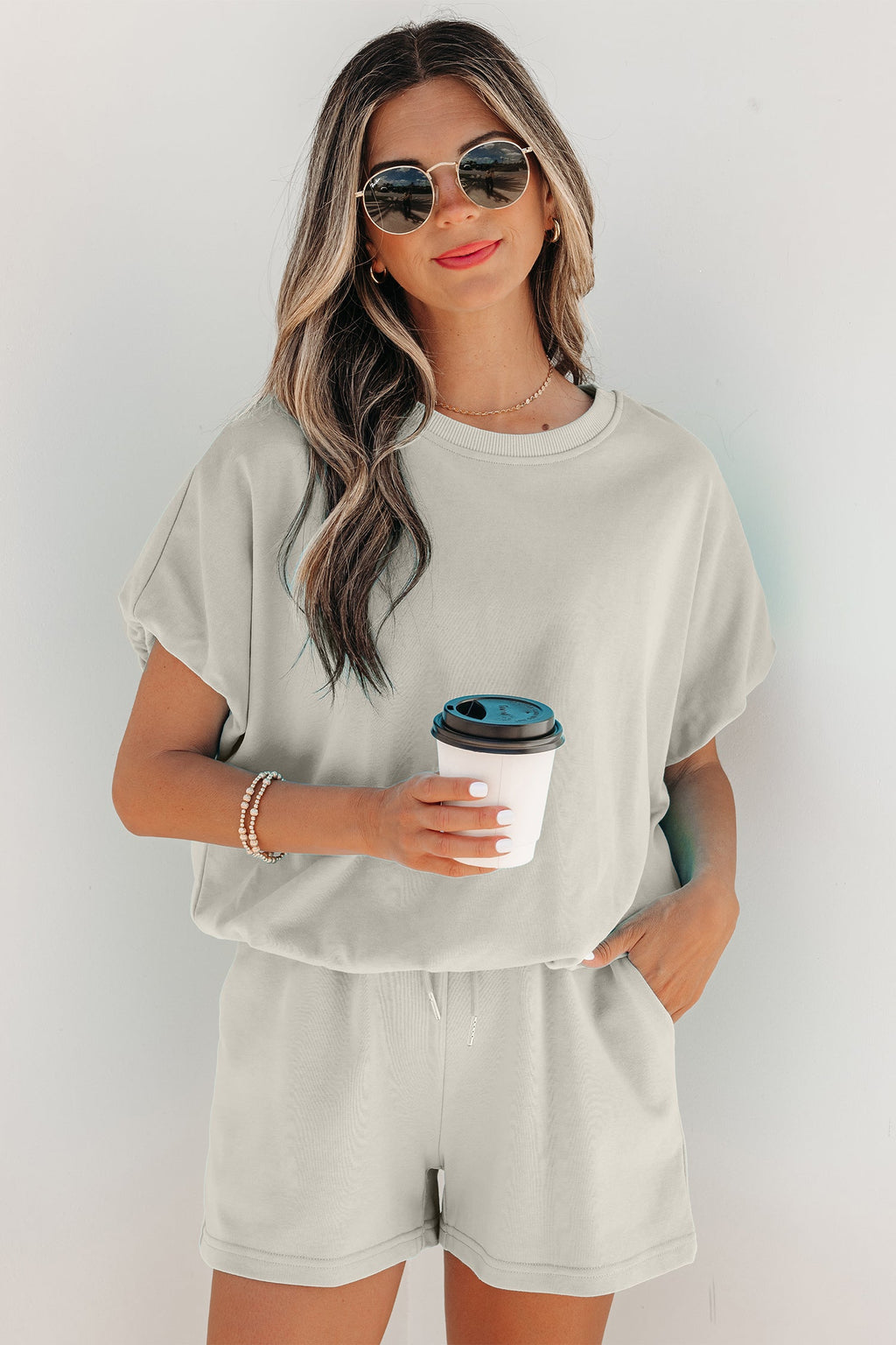 Solid Puff Sleeve Top & Drawstring Shorts Set