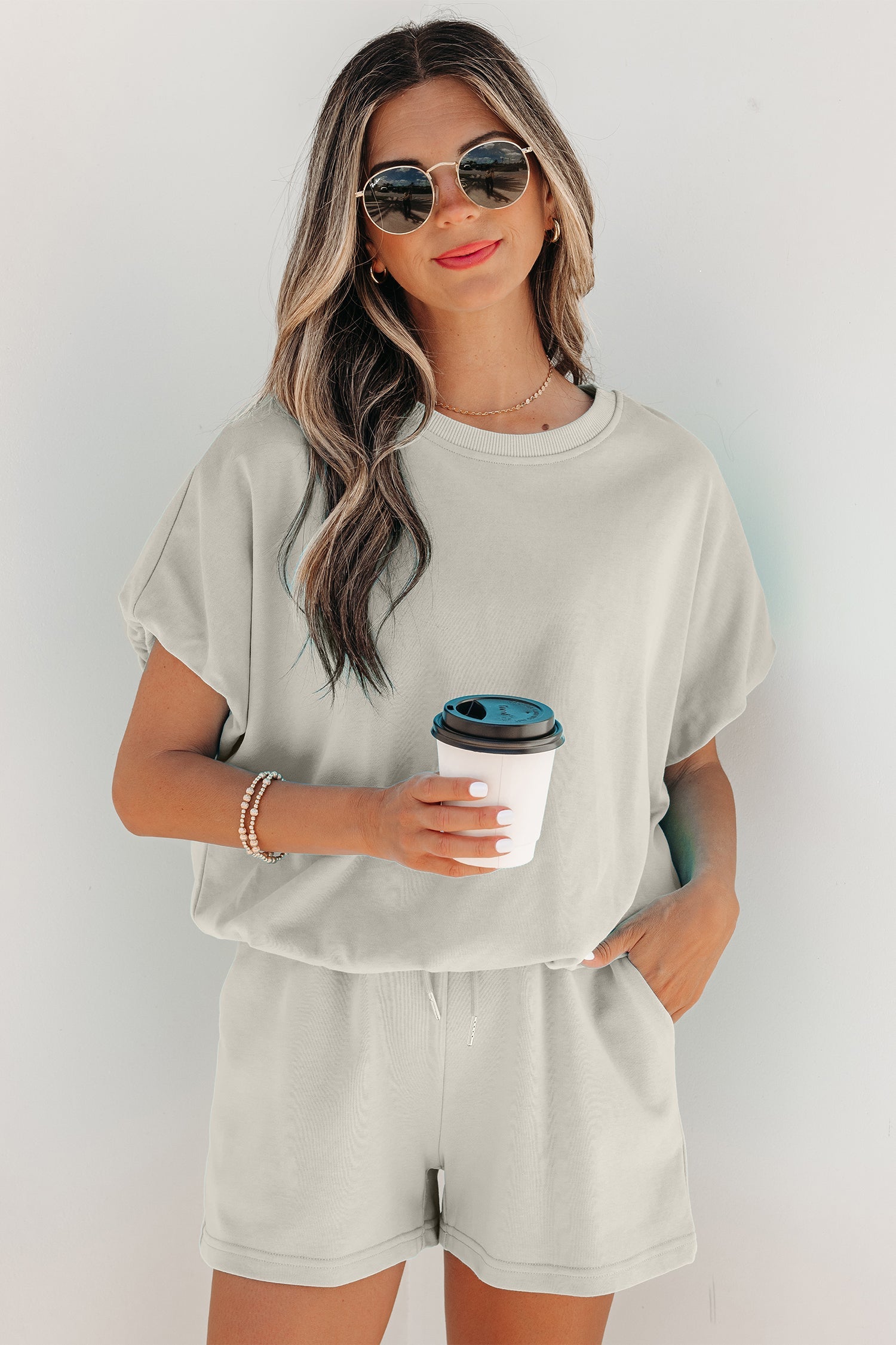 Solid Puff Sleeve Top & Drawstring Shorts Set