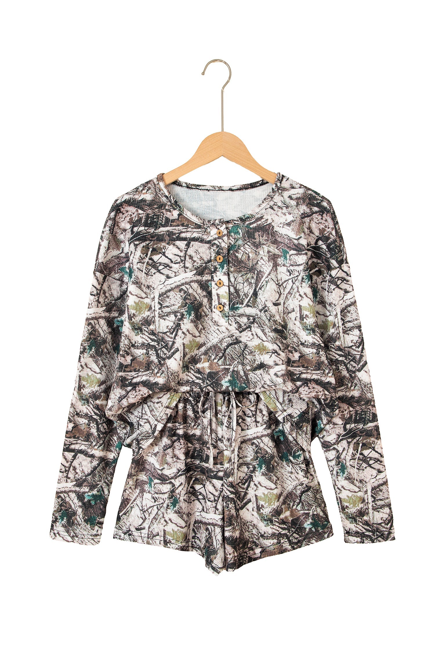 Camo Long Sleeve Top & Elastic Waist Shorts Set