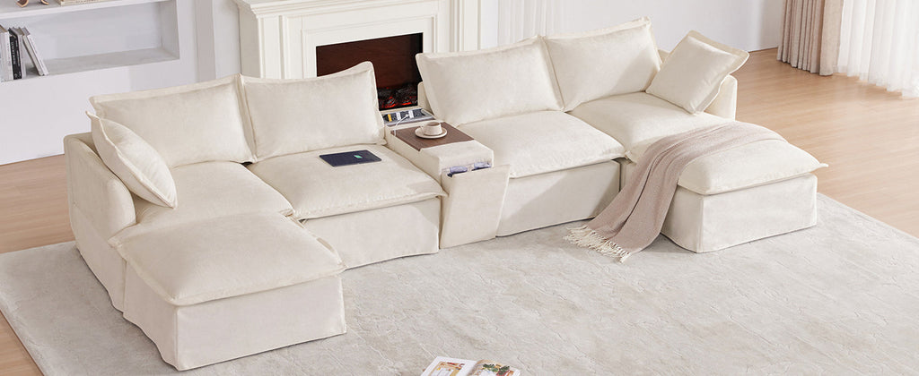 [VIDEO+NEW]131'' Modular Sectional Sofa with Movable Ottoman and Console,Cup Holder,Wide Seat,6 Seat U Shaped Couch,Oversized Chenille Sofa with USB Charger for Living Room,Apartment,2 Colors