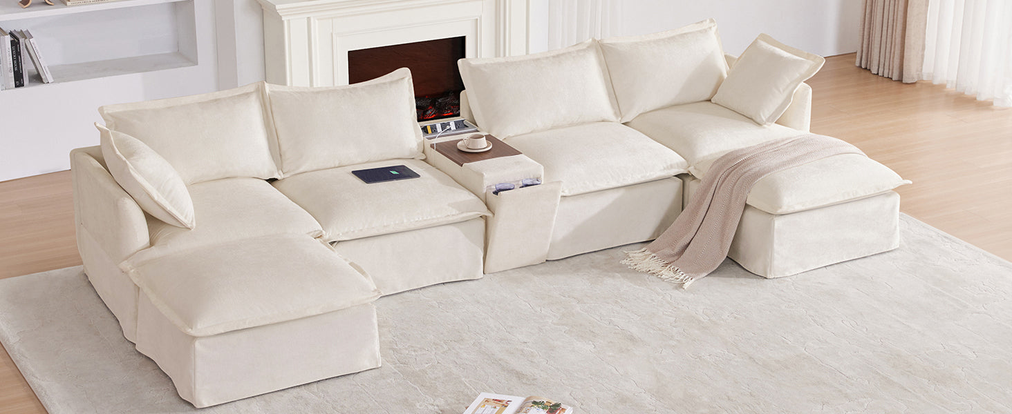 [VIDEO+NEW]131'' Modular Sectional Sofa with Movable Ottoman and Console,Cup Holder,Wide Seat,6 Seat U Shaped Couch,Oversized Chenille Sofa with USB Charger for Living Room,Apartment,2 Colors