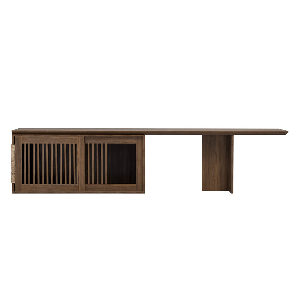 Mid-Century Modern 2 in 1 Cat Furniture Walnut TV Stand With Extendable table,  Litter Box Enclosure with Cat Scratcher