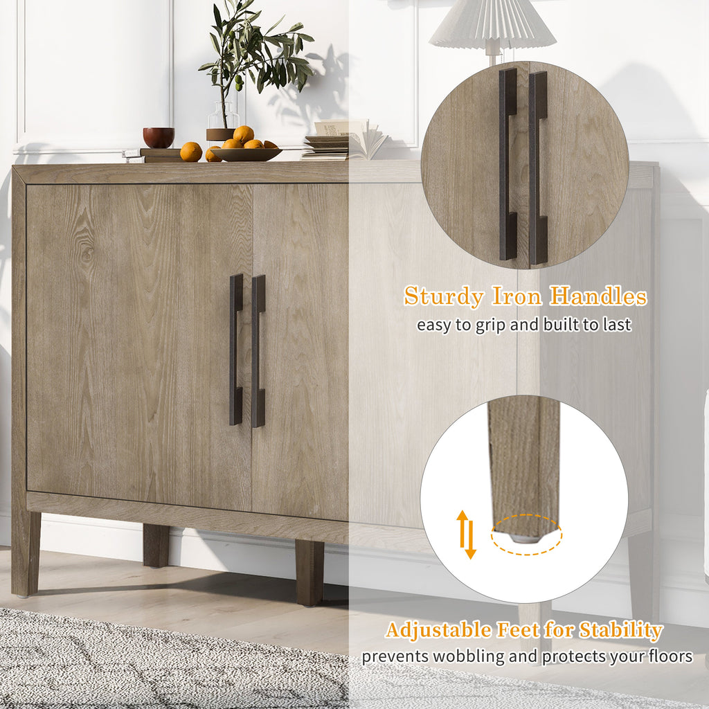 U_STYLE 47.2-Inch Farmhouse Sideboard with Ash Veneer and 2 Doors, Retro Buffet with 3-Tier Shelves and Adjustable Feet, Minimalist Wooden Storage Cabinet with Iron Handles for Living Room, Kitchen