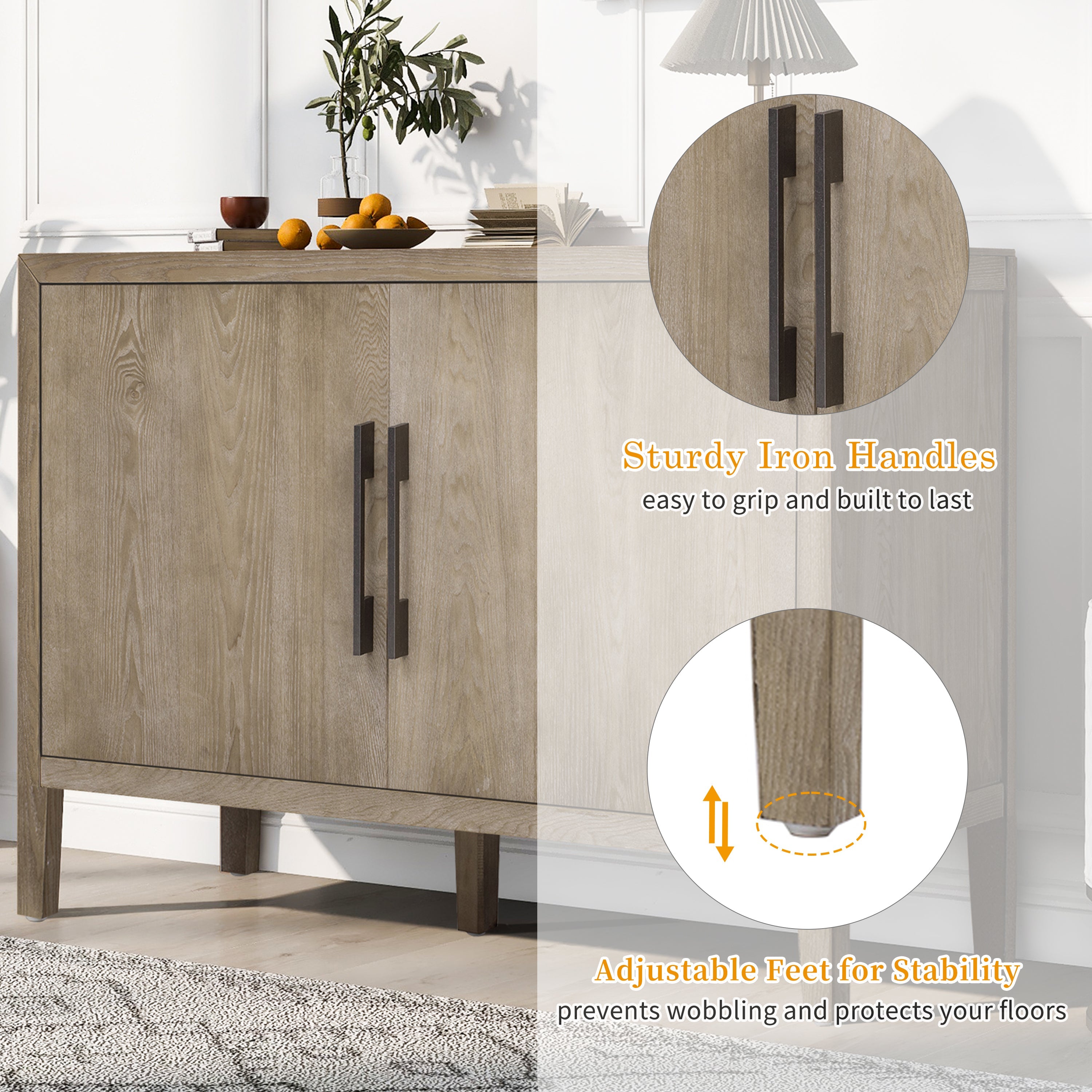 U_STYLE 47.2-Inch Farmhouse Sideboard with Ash Veneer and 2 Doors, Retro Buffet with 3-Tier Shelves and Adjustable Feet, Minimalist Wooden Storage Cabinet with Iron Handles for Living Room, Kitchen