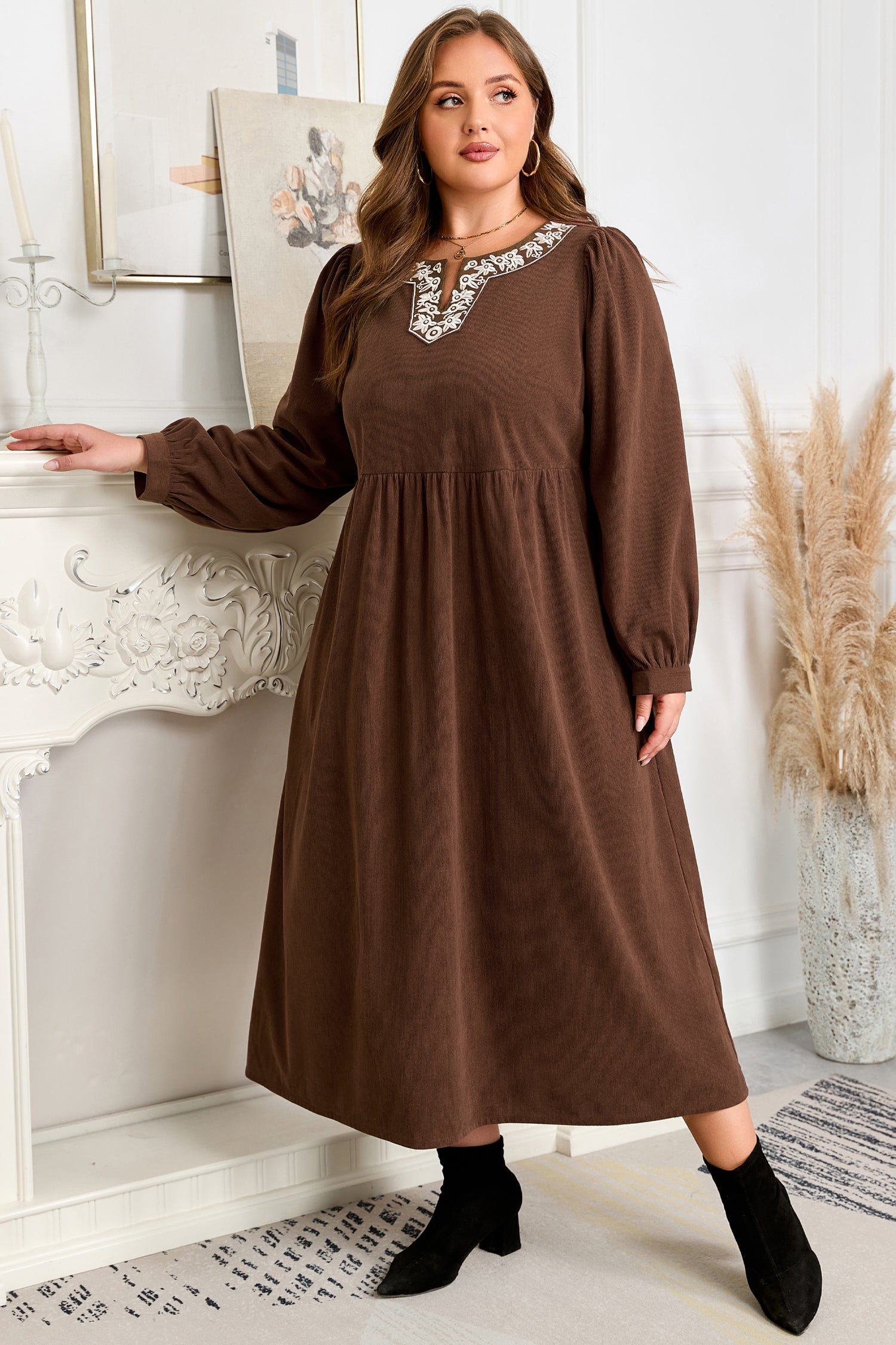 Plus Size Textured Corduroy Embroidered Neckline Midi Dress