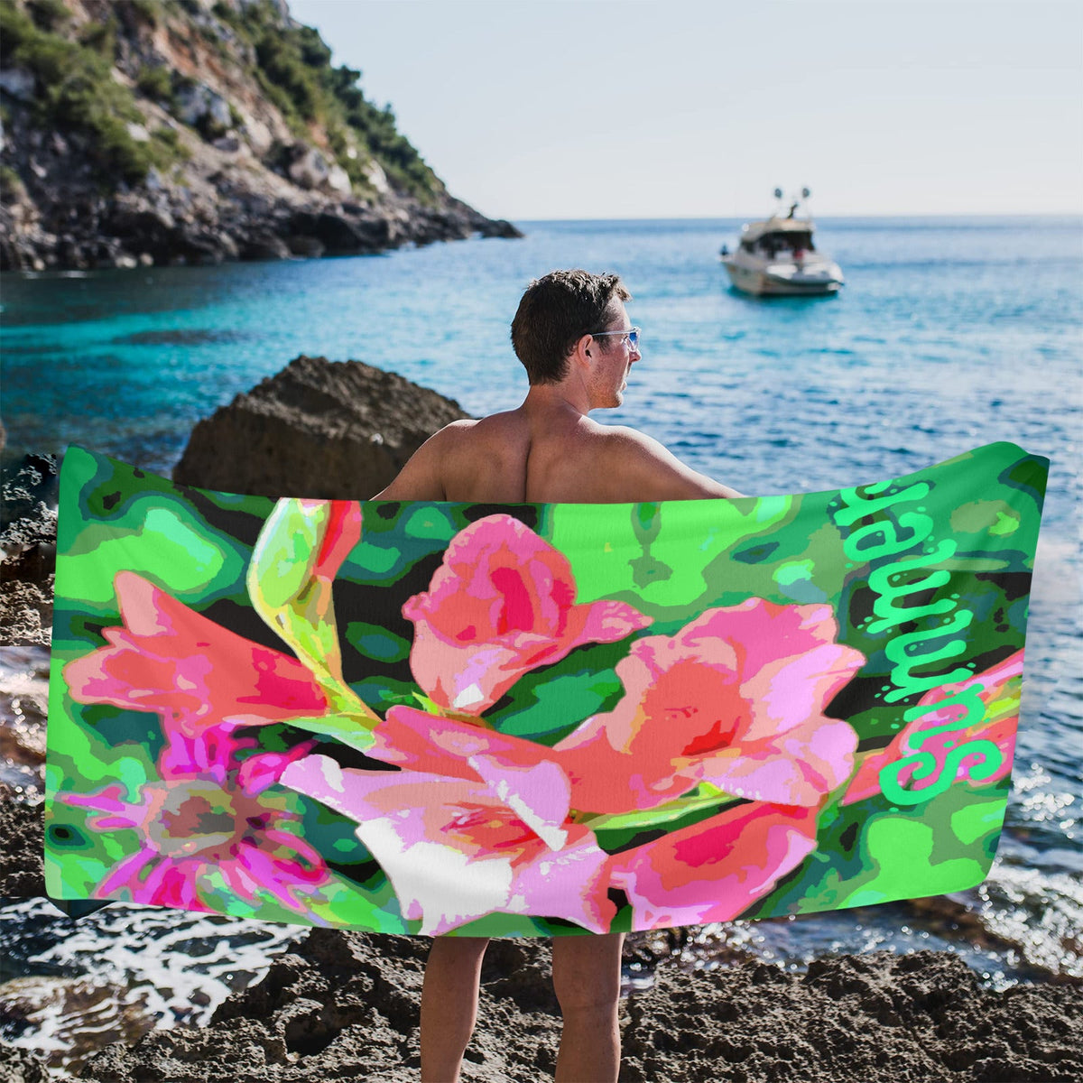 Pink Gladiolas in Summer Beach Towel 31" x 71" ( Made in USA)