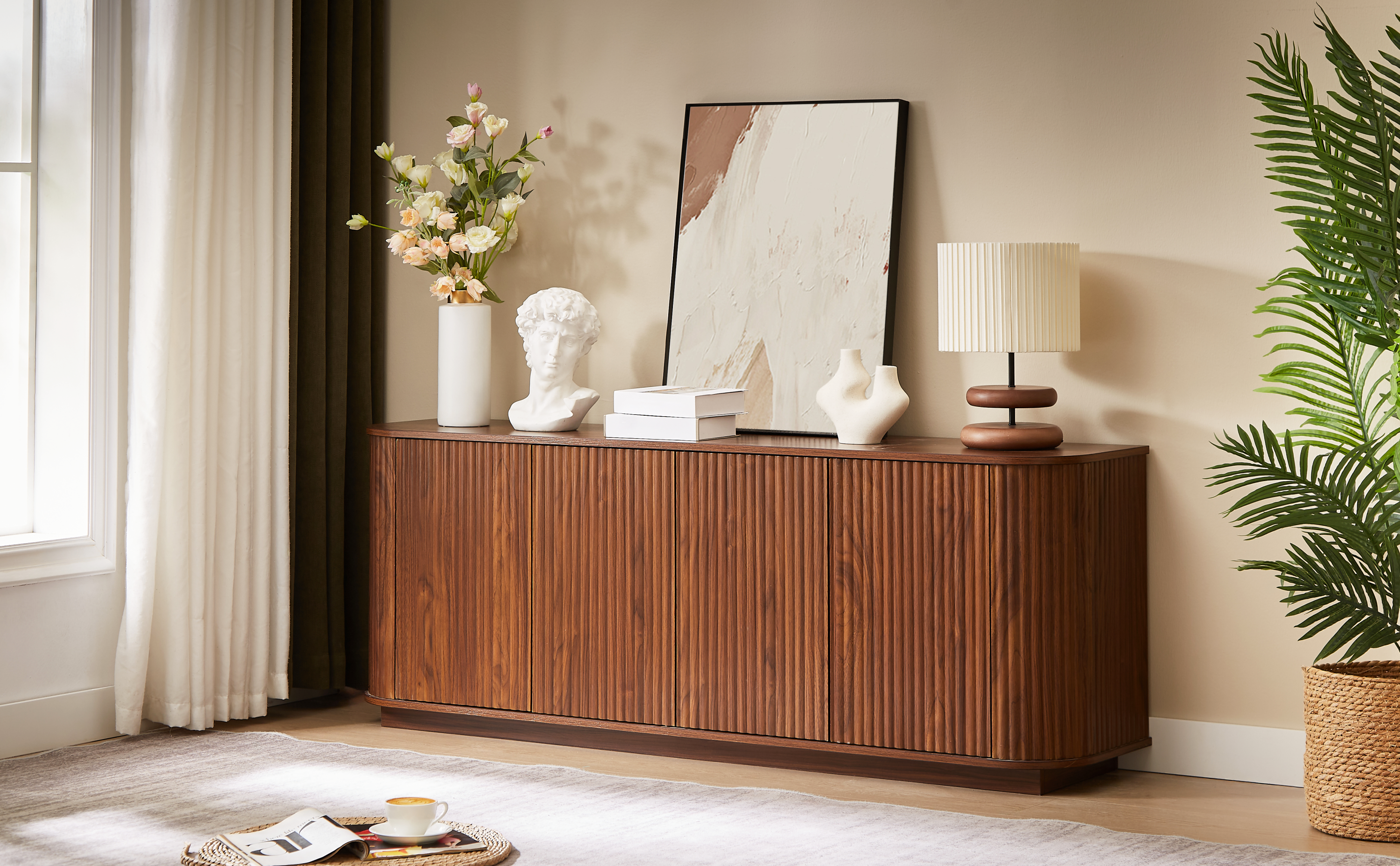 Sideboard Storage Cabinet TV Stand with wave pattern Buffet Cabinet Wooden Vertical Striped Cabinet for Kitchen/Bedroom/Entryway. Walnut, 64''W x 15''D x 24''H.