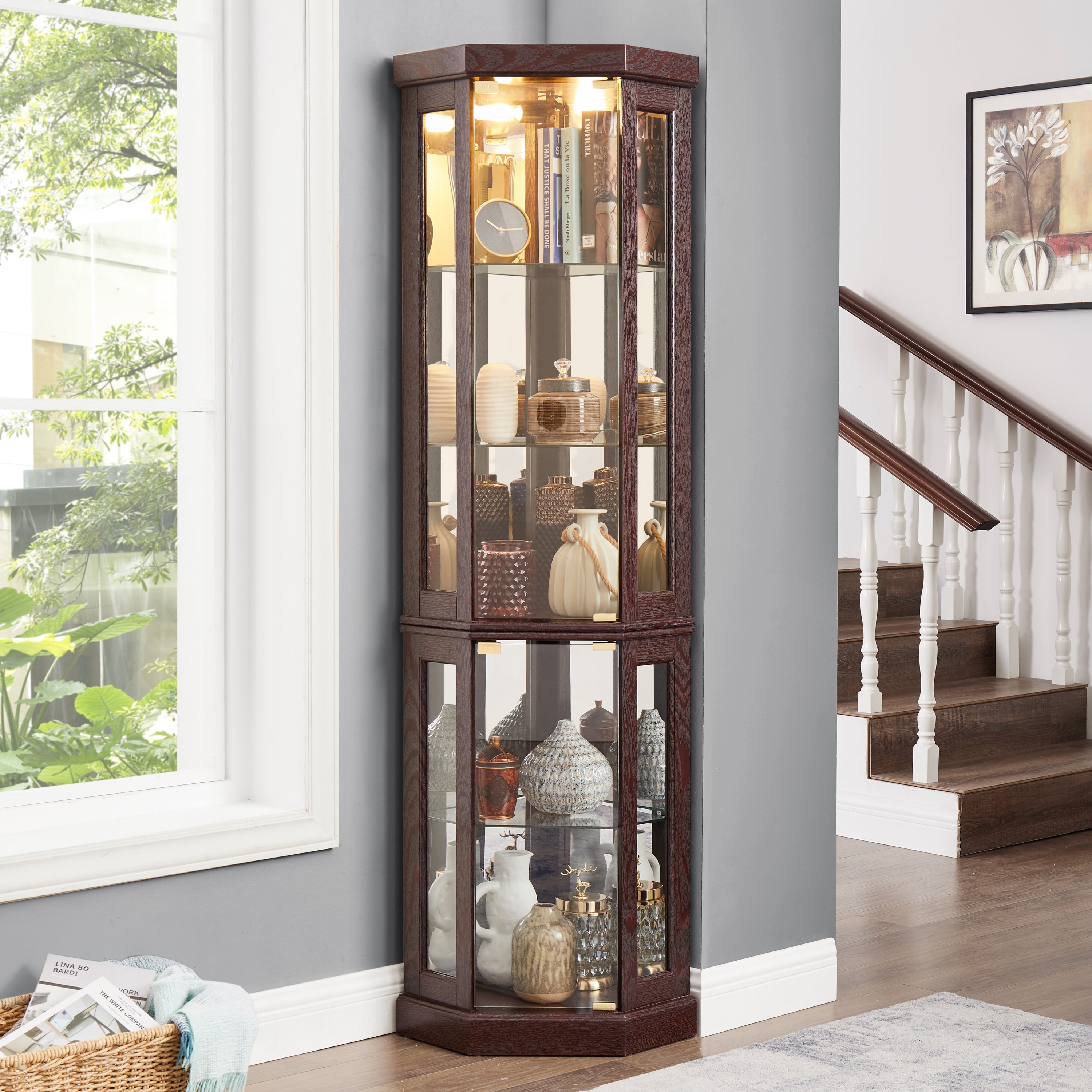 Lighted Corner Curio Cabinet - Display Case for Living Room, Antique Collectibles, Wine & Bar Glass Storage - Elegant Corner Design with Lights Included-Dark Cherry